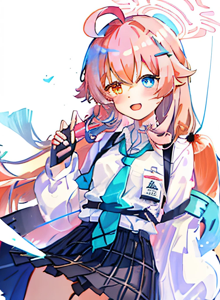 1girl in, Hoshino (Blue Archive), Solo, Heterochromia, Pink hair, Skirt, Long hair, neck tie, Ahoge, Shirt, Halo, plaid skirts, Blue eyes, Plaid, Looking at Viewer, White shirt, Orange Eyes, Chest Harness, Harnes, Long sleeves, ID Card, Open mouth, Very long hair, Collared shirt, Smile, blue necktie, Bangs, foot out of frame,  blush, hair between eye, hight resolution,masutepiece, best qualit