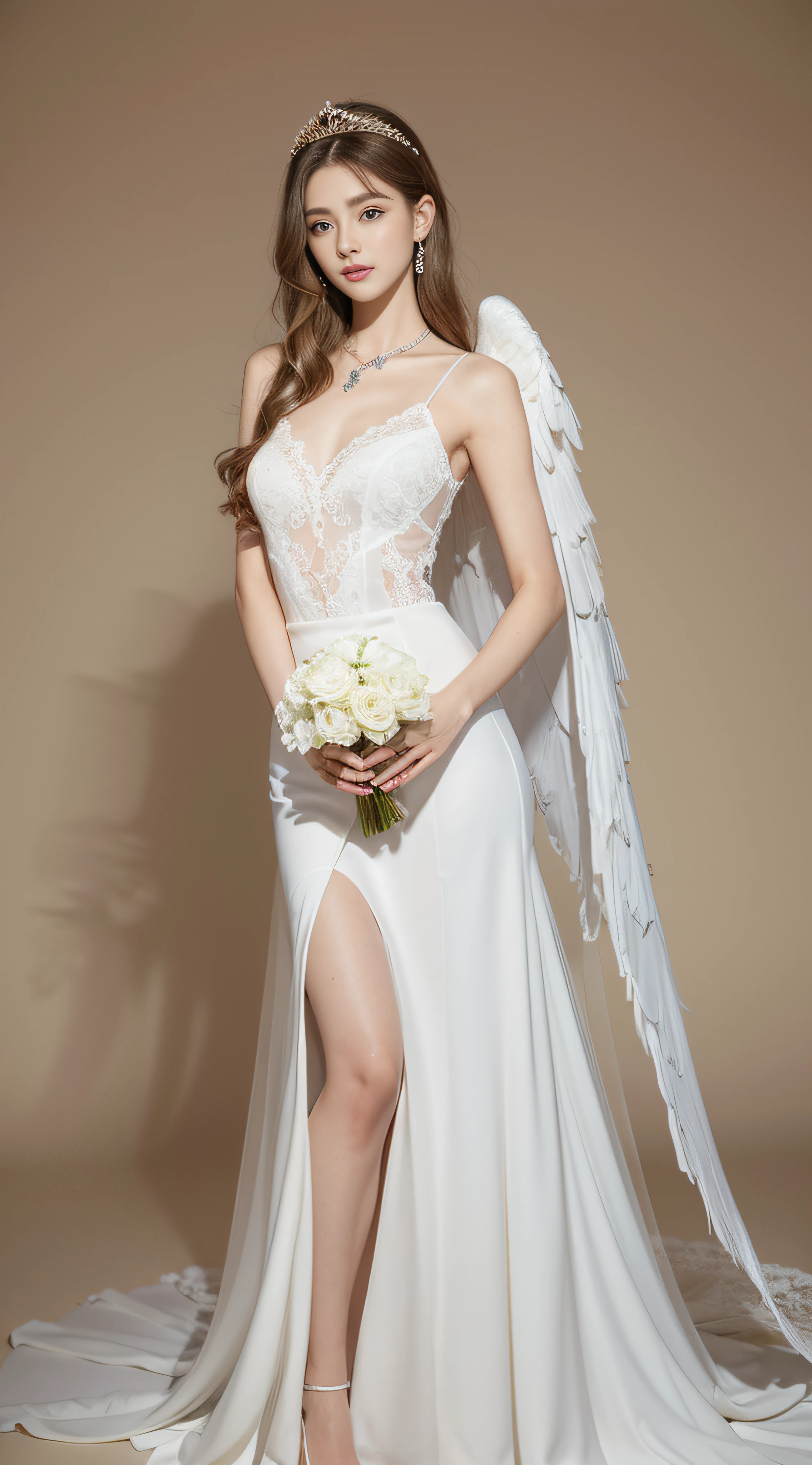 bride dressed in white、the bride got dressed、Whole body、8K、realphoto、超A high resolution, Master Parts, Best Quality, nffsw , cinematic images,Lovely girl、ann、16years old、Anglo-Saxon、Green eyes、二重まぶた、very droopy eyes、(very, Very big eyes:1.8)、Dark eye shadow、The lips are very thin、The tip of the nose stretches beautifully.....、the tip of the nose is small,,,,, ighly detailed , Gold Hair、Straight hair、Very smile、 Sweet look 、a very beautiful woman、legs are long、 Very clear shadows , jewely , A detailed eye, very intricate, shiny skins , Perfect Brilliant, Perfect Lighting, Dramatic shadows ,White tiara on head、Greek see-through white dress、The back of the dress is wide open、Small angel wings on the back of the shoulders、The chest and waist of the dress are white lace、Underneath the dress is a white miniskirt、Lace white gloves、holding a bouquet of white flowers with both hands、White see-through veil from the back of the head、Silver necklace around the neck、
information