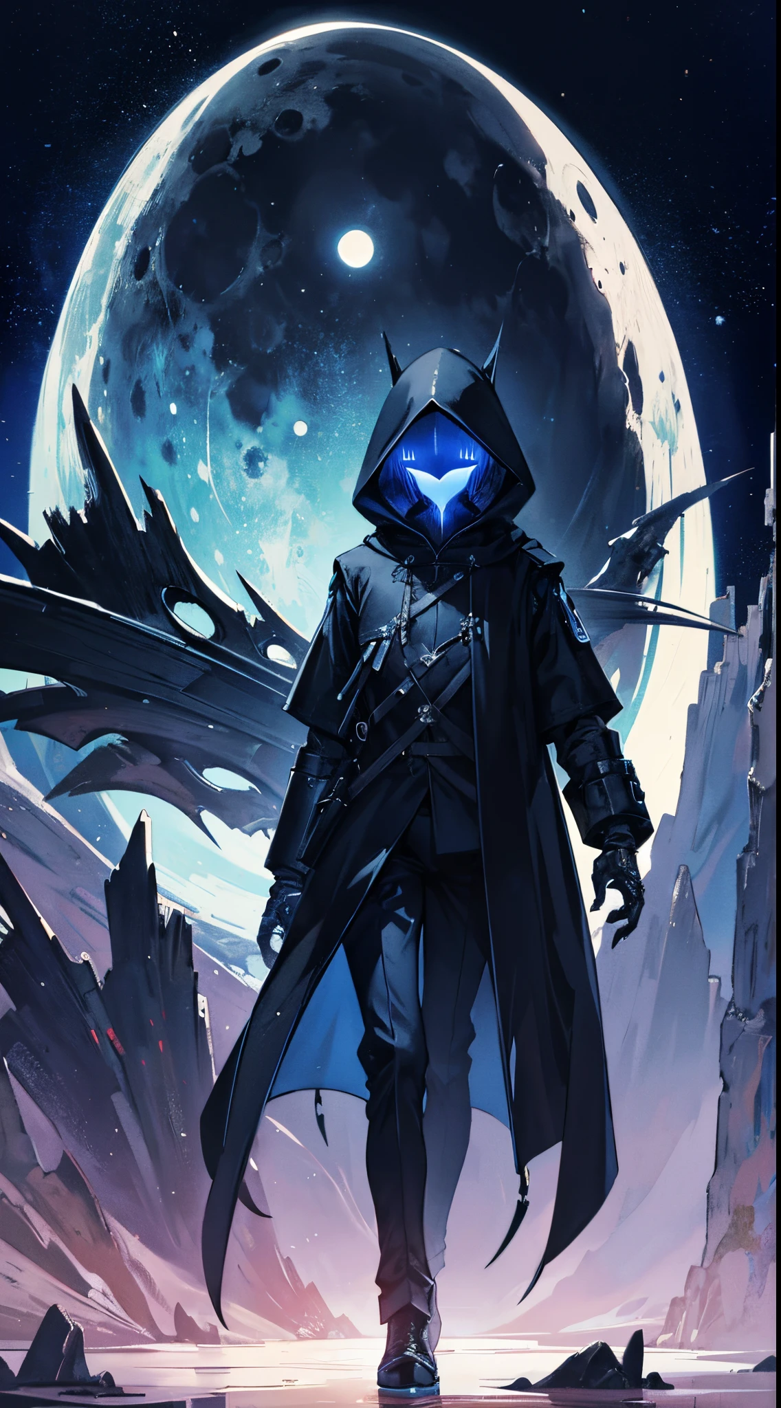 Surreal landscape with moon glow, Features a hooded silhouette with faceless function. The silhouette is、Highlighted with glowing glyphs and symbols, It is accentuated by the character's large hood and long claws,