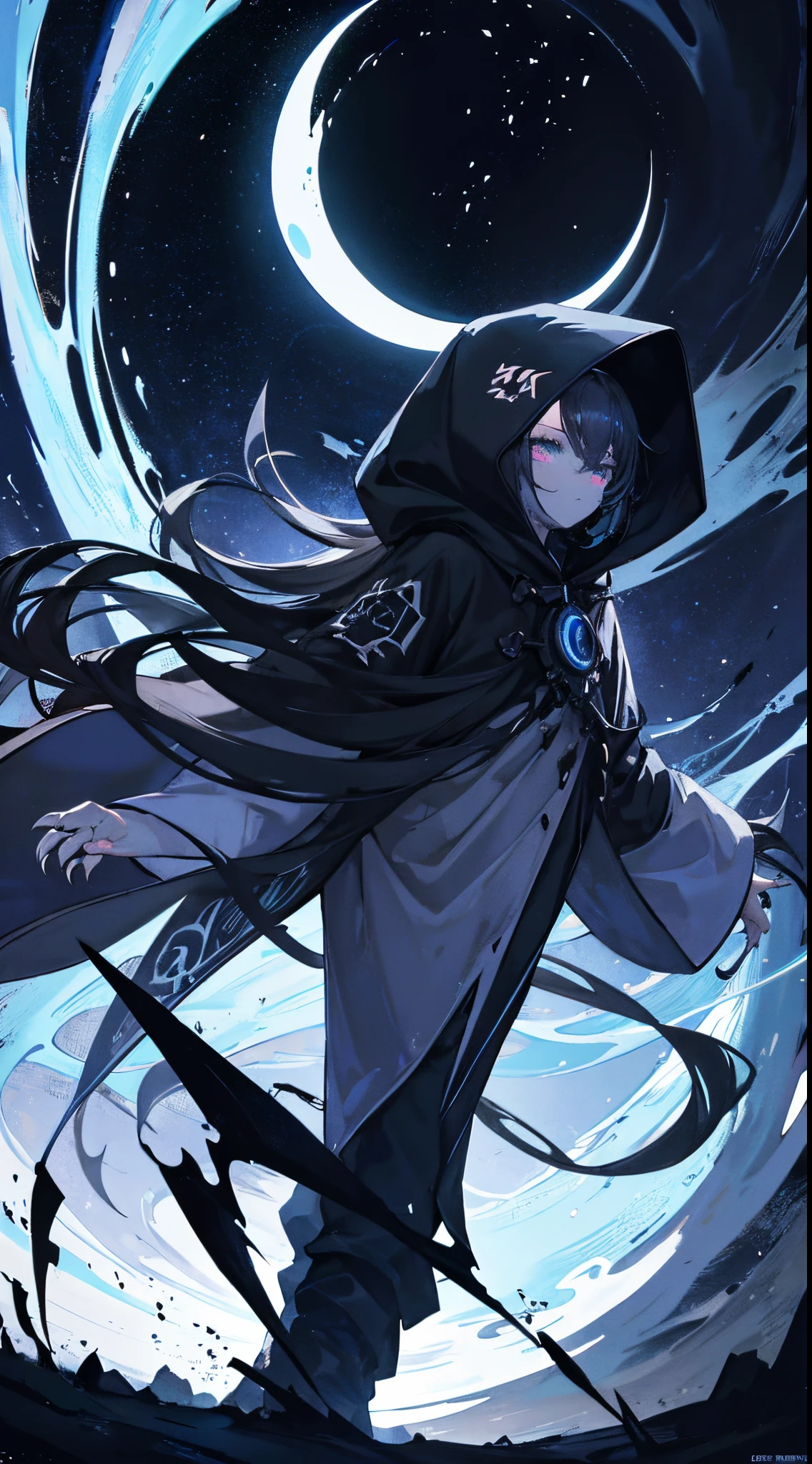 Surreal landscape with moon glow, Features a hooded silhouette with faceless function. The silhouette is、Highlighted with glowing glyphs and symbols, It is accentuated by the character's large hood and long claws,