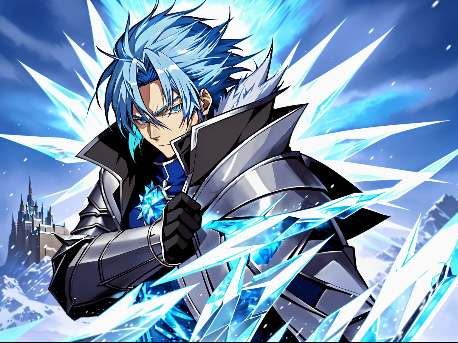 Anime character with blue hair and eyes in snowy scene, Ice Mage,  Tall blue eyed anime character, freezing blue skin, Key anime art,, male anime characters, ice crystal armor, Detailed key animation art, Magic Knight complete avatar, blue and ice silver coat, Possess the power of ice