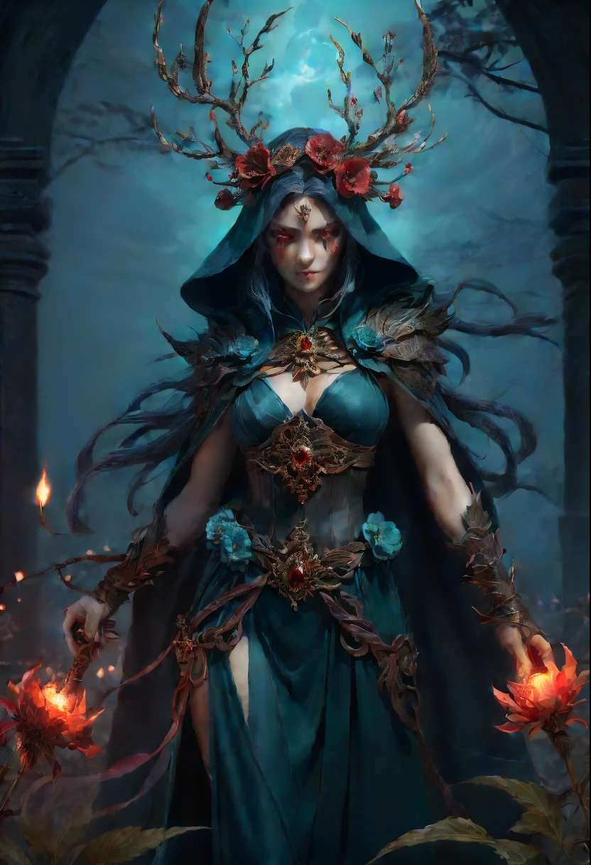 (Lycorisradiata close-up:1.5),Charming flower of the other side,Mysterious Manzhu Shahua,A bloody ghost flower blooming at the gate of hell,Leading the soul to the afterlife,Evil charm,Flirtatious,uncanny,Magic Sword,Legendary magic sword,Glory Magic Sword,Alloy iron flower,Alloy vines surround the magic sword,There are iron flowers on the sword,heavy metal style,metal art,flower made of iron,iron leaf,Full metallic luster,Metal texture in the post-industrial era,Crafts made from twisted alloy wire,gold flowers,Iron flower,Silver flower,metal tree branch,a crystal pendant,Emerald inlay,well-built,Perfect craftsmanship,Magic lightning background,blue lightning,There are fairies,dark fantasy style art, dark flower shaman, dark fantasy concept art, bloodborne concept art, dark concept art, Feiyu looking for flowers, Diablo digital concept art, dark fantasy art style, Dark flowers, 🌺 CG Society, bloodborne art, photorealistic dark concept art, Concept film, Ruben Tan,A painting of a red-robed woman standing in front of a demon, goddess of death, author:Hero, beautiful male god of death, beautiful elegant demon queen, dark fantasy style art, portrait of death, onmyoji detailed art, Persephone as the goddess of death, beautiful necromancer, Ominous fantasy illustration