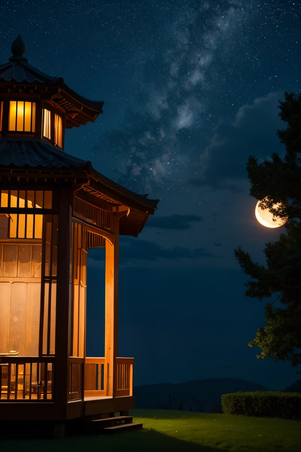 the night ,pavilion,There are stars in the sky,There is a moon in the sky