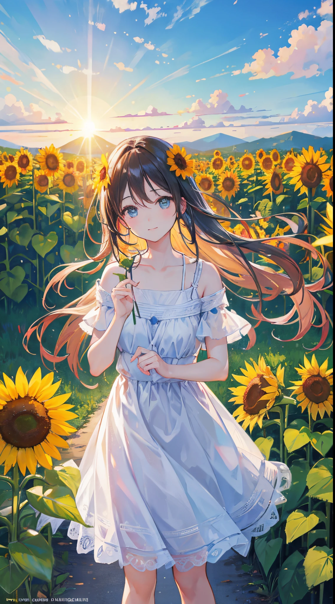(Best Quality), (8K), (of the highest quality), (realphoto), (photos realistic), Sunflower garden, Blue sky, Rainbow and sun glow,