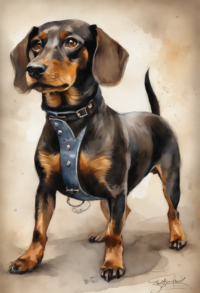Polly ( terrier dachshund mix with black and brown hair, ) of the highest quality, Dramatische Beleuchtung, bedrohliche Pose, grimmiger Blick, Epic atmosphere, (((Helm in Form eines dackel terrier kopfes))), (((full-body shot))),Metal dachshund terrier mix with black and brown hair, Cyborgs, Cyberpunk-Stil, Uhrwerk, ((Komplizierte Details)), NFFSW, ((Komplizierte Details, HyperDetails)), lightbulbs, Filmische Aufnahme, Vignette, Bokeh-Effekt Beckground, (Hunde), (full-body shot).