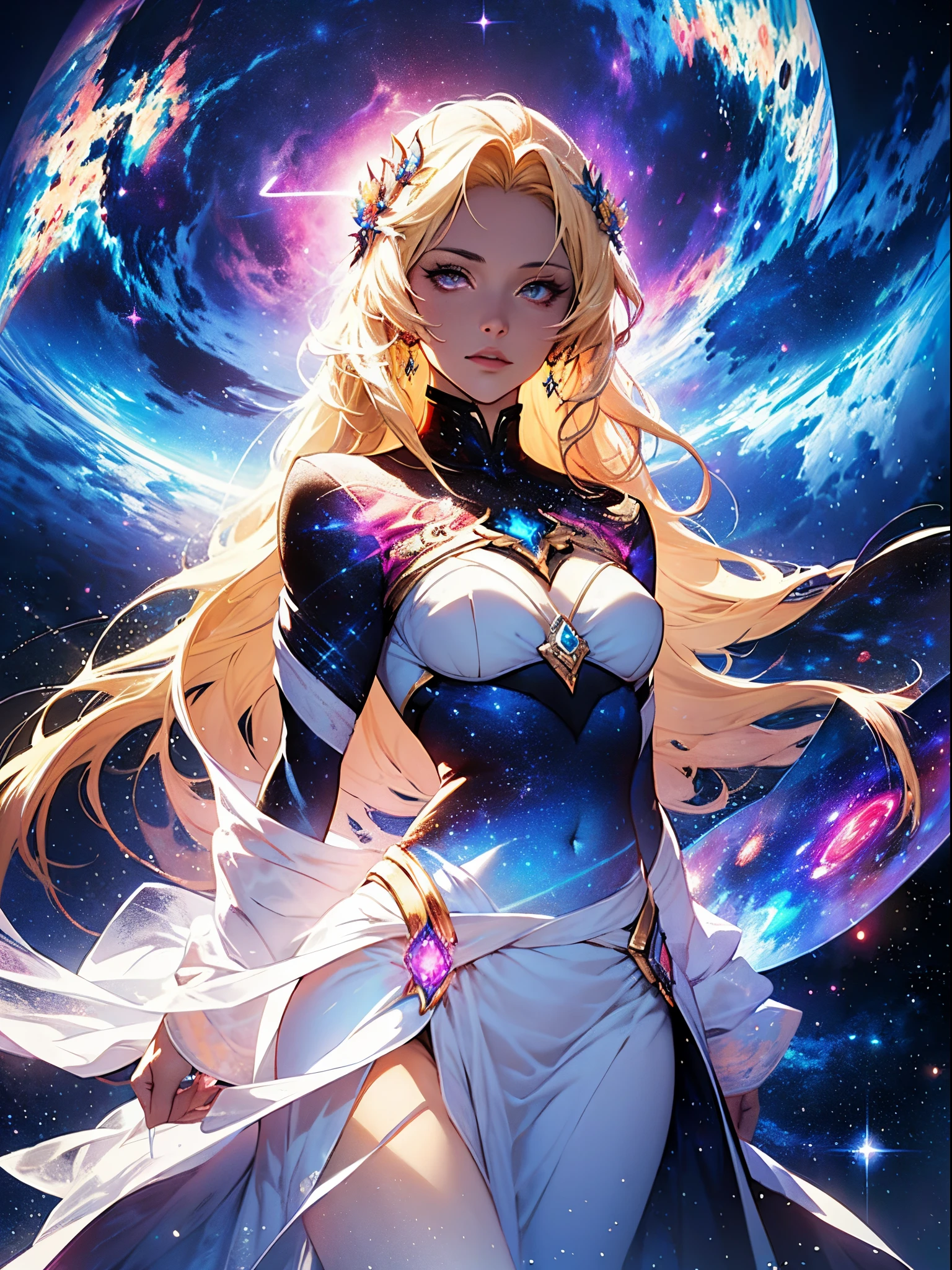 A woman with long hair and a flowing dress stands in the darkness, Blonde girl in cosmic dress, Amazing young ethereal figure, cosmic goddess, Astral appearance, galaxy goddess, Space Girl, Astral Fairy, Divine cosmic feminine power, Cosmic hair anime girl, goddess of space and time, Channeling rotational energy, A glowing halo surrounds her，Light，cleanness，Reflective，refractions，Ray traching，super-fine，Hyper-realistic，best qualtiy