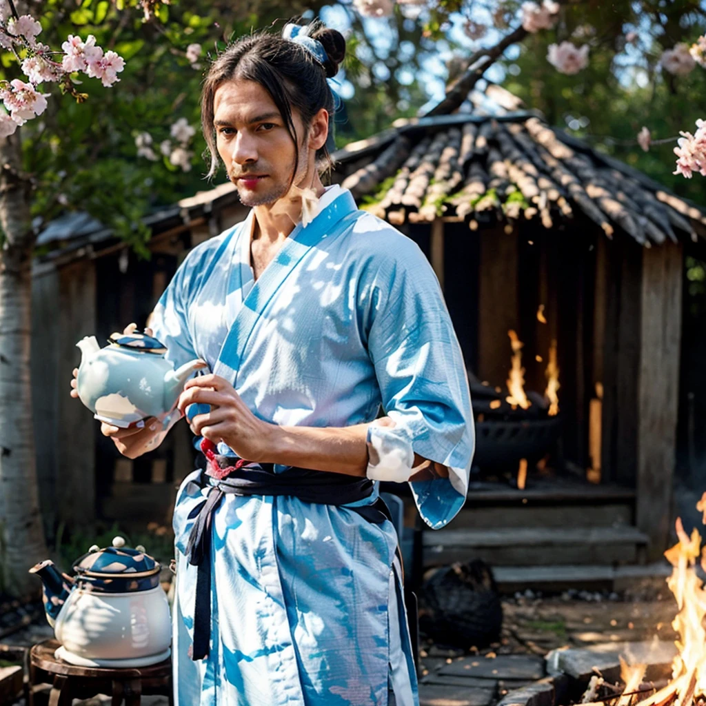 French man, hair bun, powder blue and white kimono, katana on waist, teapot on camp fire, standing, white hair, high cheekbones, smirking, dappled sunlight, cherry blossoms, blue eyes