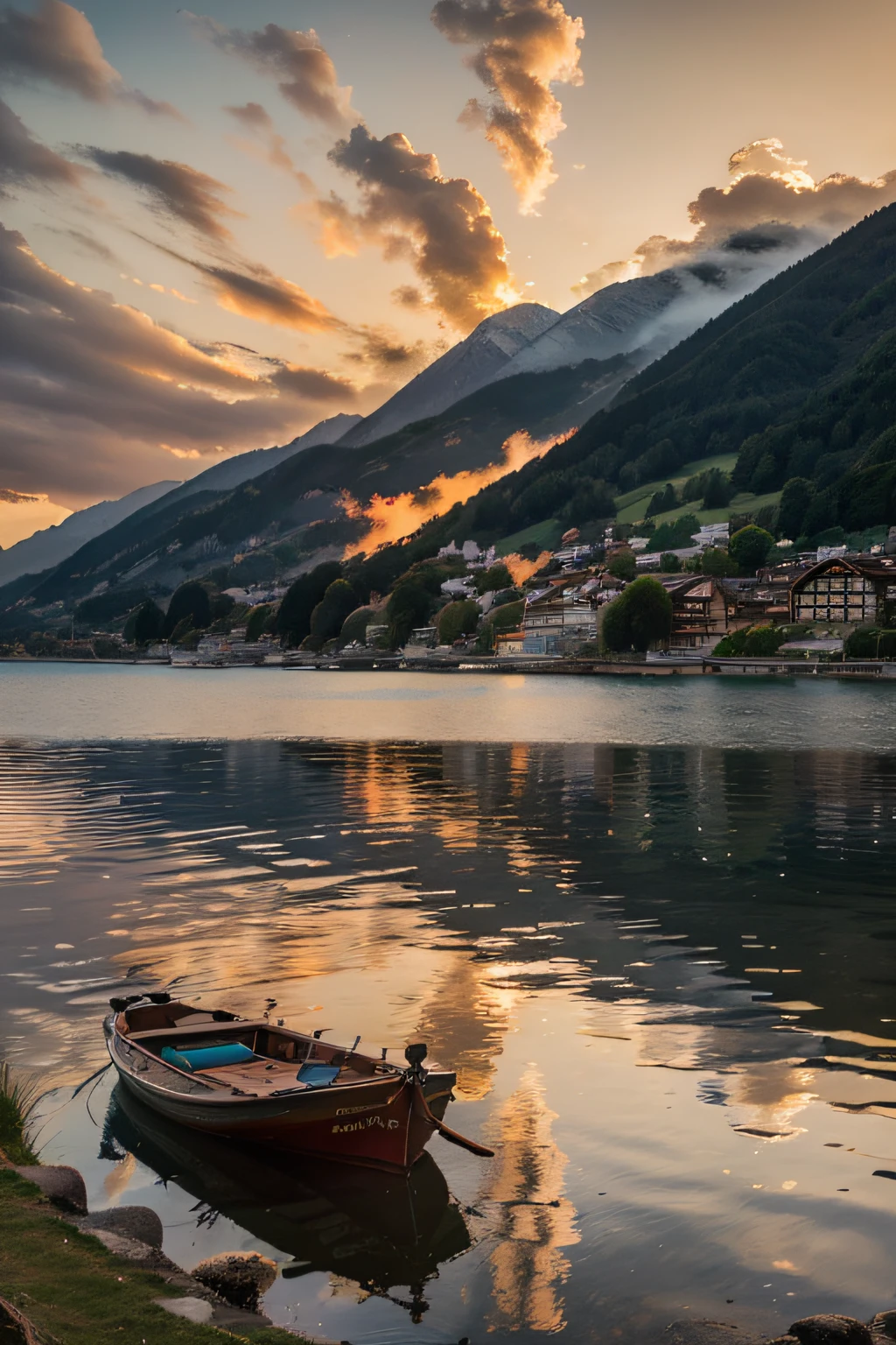 Beautiful sunset photography,Swiss town in the evening,Burning clouds,Orange sunset,Reflection of the sea surface,Clear sea,Stunning vision,Shocking real,HD ultra-wide angle,Panoramic Ultra HD,8k,realisticlying,A high resolution,Landscape photography