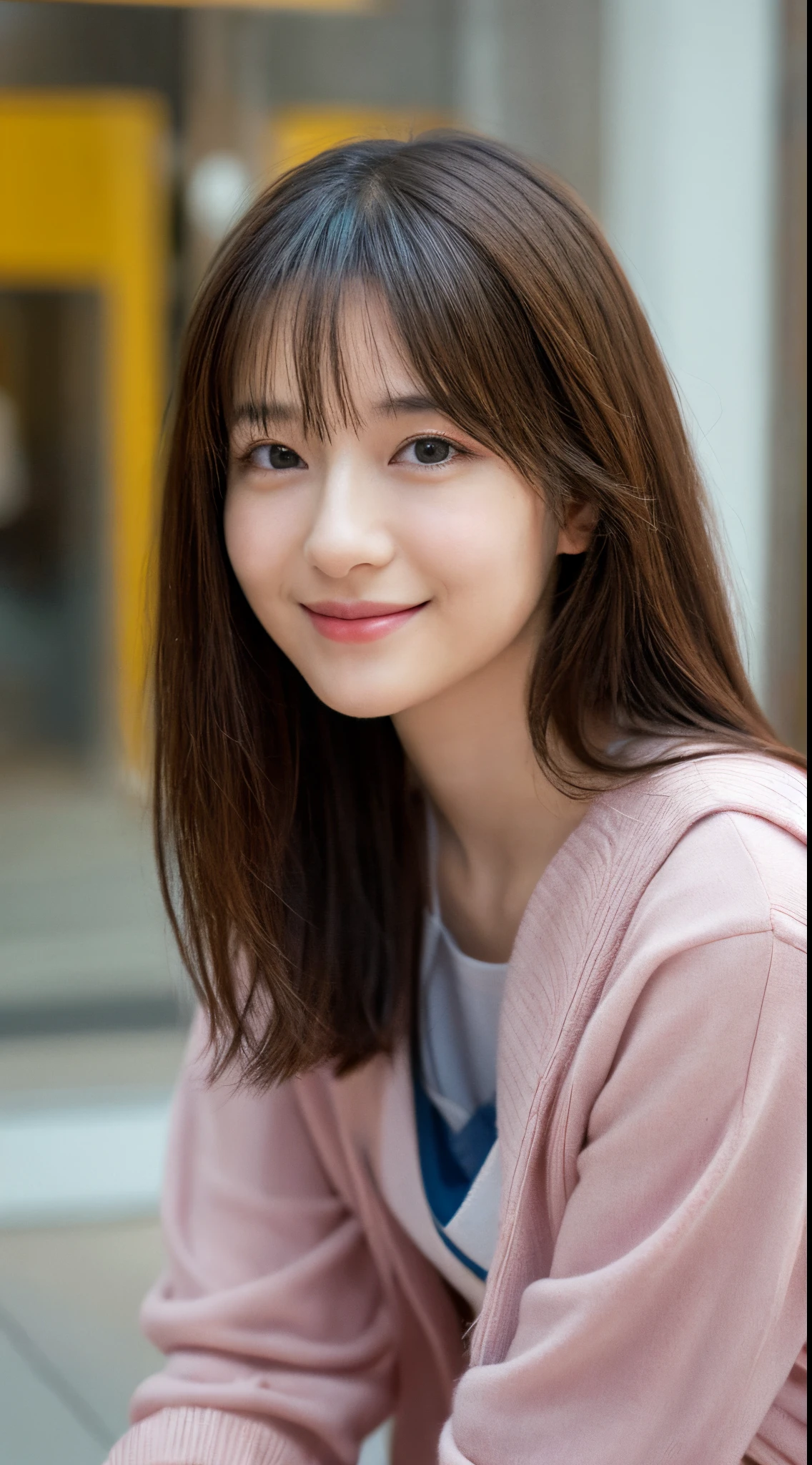 finely detail, hight resolution, hightquality、Perfect dynamic composition, Beautiful detailed eyes, Medium Hair, small tits、Natural Color Lip, Squatting,Kamimei、Shibuya、college aged、1 persons、Transparent skin、Glowing hair、masutepiece, Best Quality, Illustration, Ultra-detailed, finely detail, hight resolution, 8K,The correct state of the human body、gently smiling
