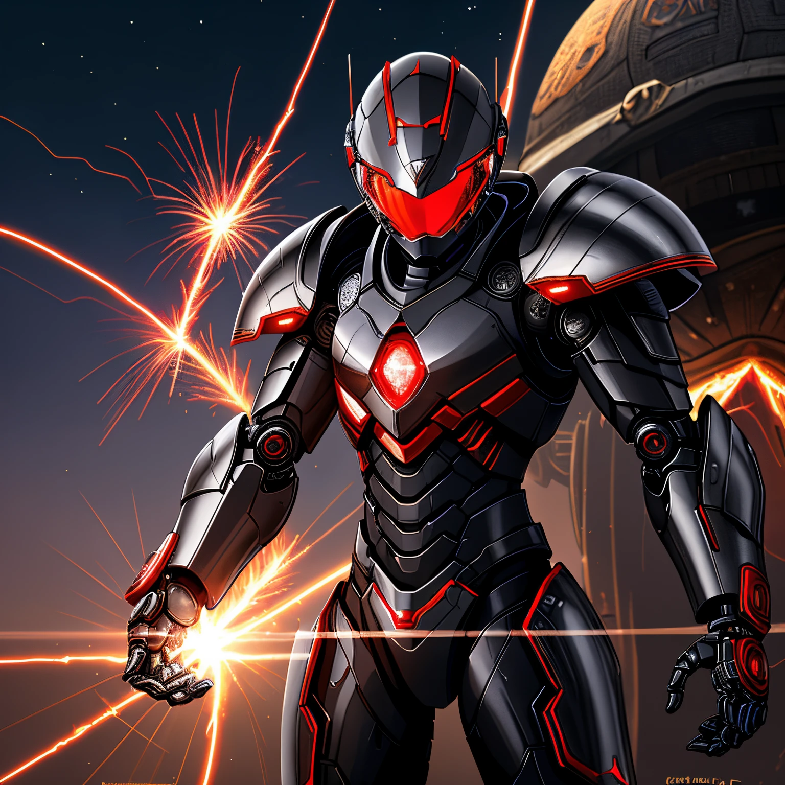 Create an 18 year old boy with black armor with red sparkles and a transparent helmet with the armor having 2 more robotic arms the boy has Indonesian and Muslim features with the background being a spaceship with broken wires