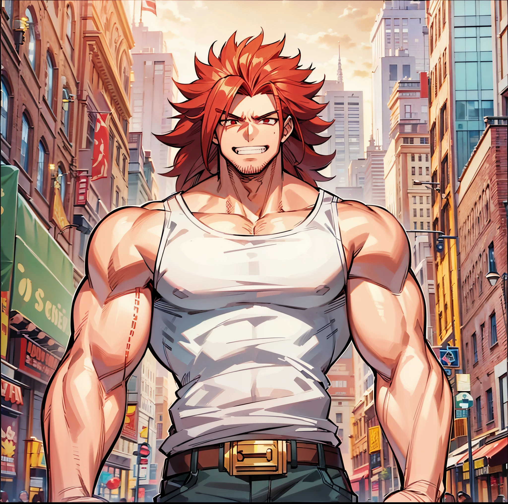 pale masculine man, muscular burly build, long frizzy red hair, well-drawn red eyes, subtle grin, tank top, brown boots, highres, detailed cityscape background, my hero Academia art style,