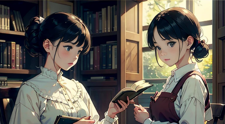 (Watercolor in Sargent style)、(top-quality、​masterpiece)、超A high resolution、high-detail、(David Hamilton Style)、(softfocus)、Cinema Angle、ciinematic light、Soft light、(British traditional public school)、1girl in、、A stunning、Short black hair、Bunching hair、Crisp face、(detailed face depiction)、Detailed eyes、small tits、tiny chest、校服、(long  skirt)、Holding a book,at the library、Perfect hands、beautiful setting、serene ambiance、Calm expression、Quiet moments、Vintage atmosphere、Immerse yourself in reading、bookworm、Thoughtful gaze、Classic elegance、A quiet retreat、Fascinating beauty、Sophisticated clothing、Majestic bookcase、Traditional atmosphere、Lush green environment、