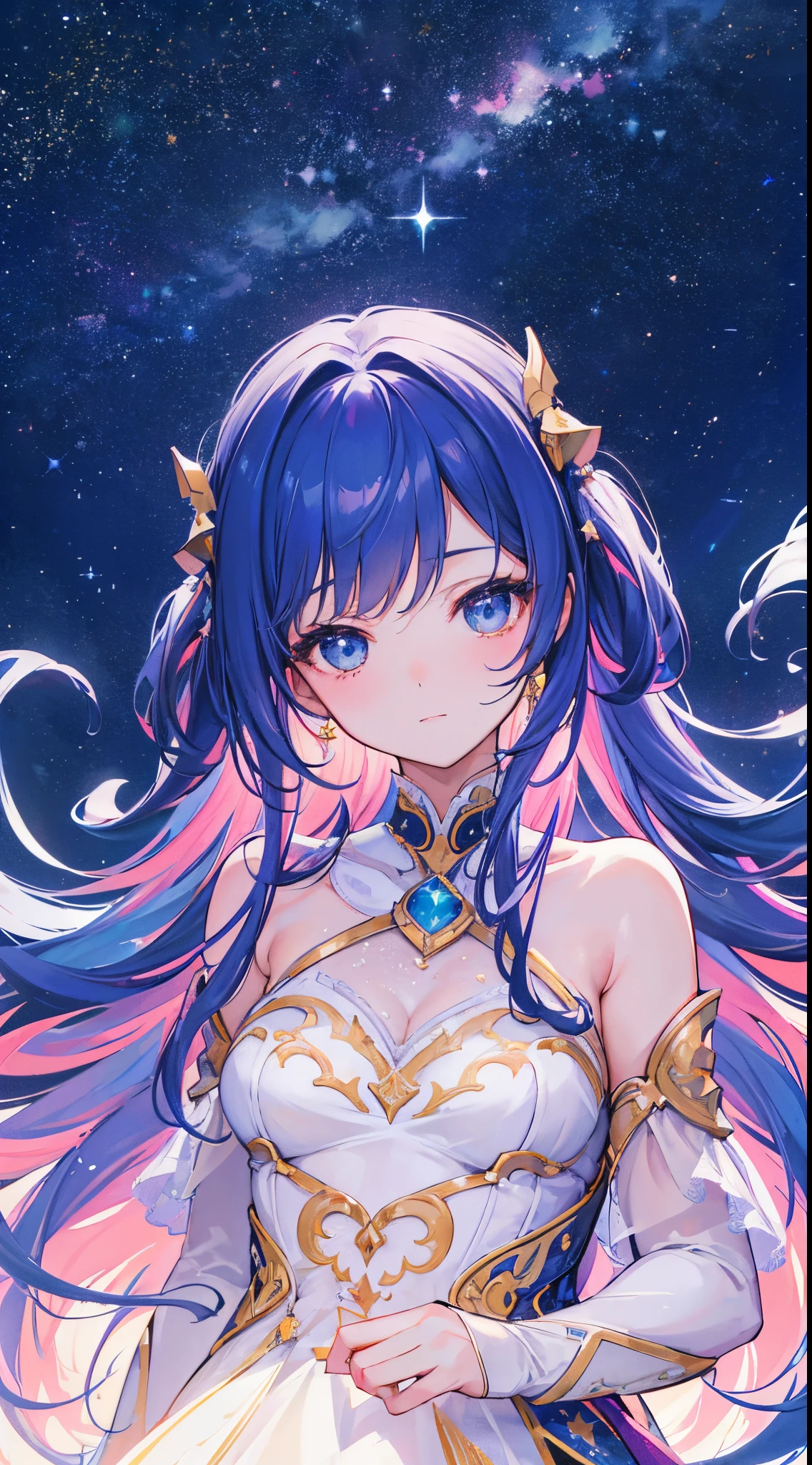 high detailing, Super Detail, 超A high resolution, Girl enjoying her time in the galaxy of dreams, surrounded by stars, Warm light sprinkled on her, Starry sky with colorful galaxy and galactic clouds in the background, Stars flying around her, Delicate face, Add a playful atmosphere , 8K,