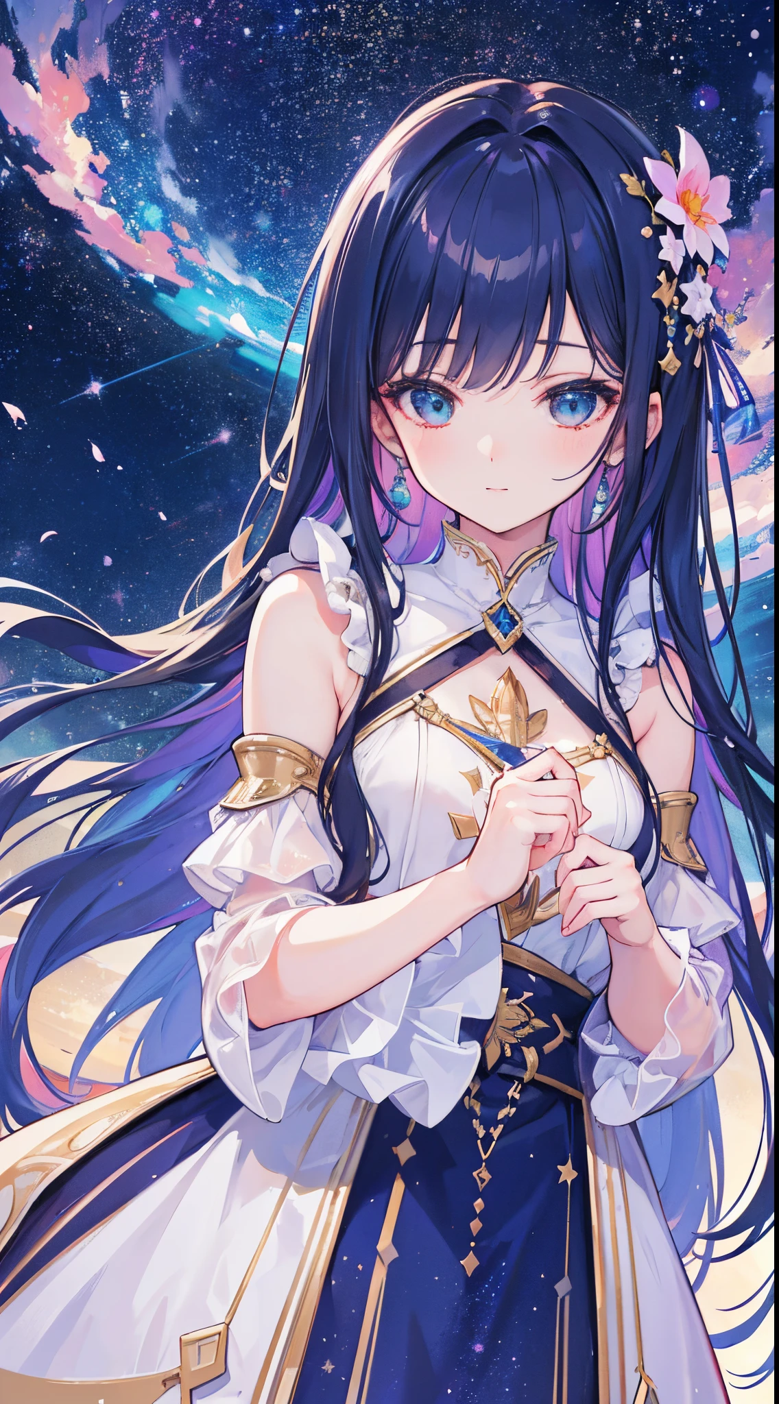 high detailing, Super Detail, 超A high resolution, Girl enjoying her time in the galaxy of dreams, surrounded by stars, Warm light sprinkled on her, Starry sky with colorful galaxy and galactic clouds in the background, Stars flying around her, Delicate face, Add a playful atmosphere , 8K,