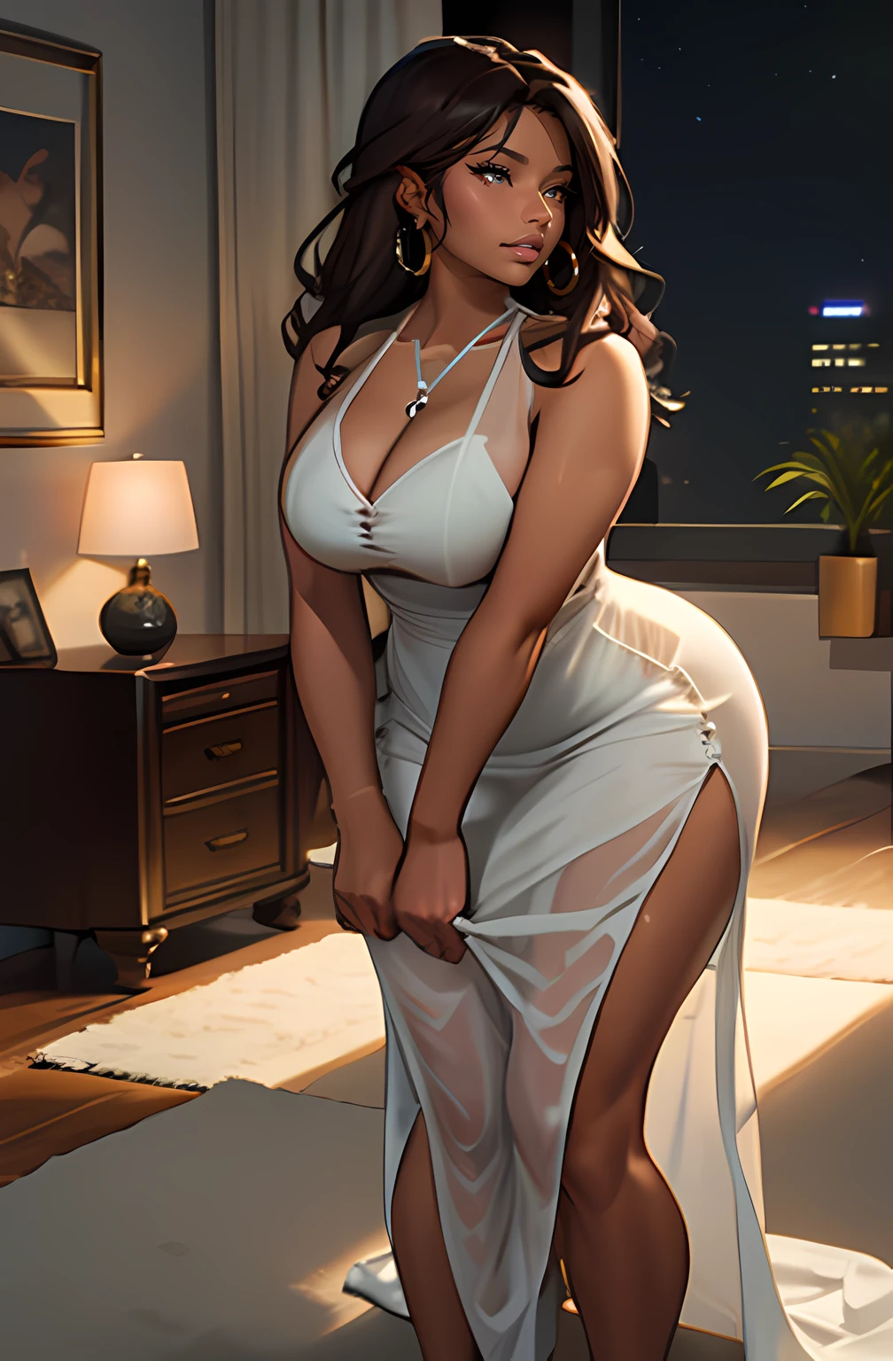 Masterpiece, High quality, 1girl, volumetric lighting, cinematic lighting, portrait

"a chubby MILF caught off guard bent over cleaning her couch in the living room at night, looking away, dark brown skin, black woman, (a mature woman:1.2) full body, hanging breast" ((chubby physique)) thick thighs, small breasts, chubby physique, she has long wavy brown hair, wearing a ((long sundress)), see-through, wearing hoop earrings, deep cleavage,