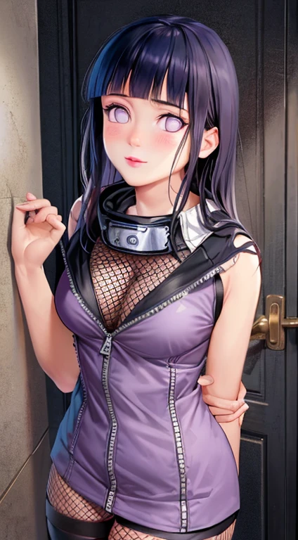 Masterpiece, high definition, high quality, detailed face, detailed body limb rendering, 1girl, solo, Hinata Hinata, Hinata sleeveless clothing, room,, sleeveless shirt, fishnet garment, dark lips, unzipped jacket, no bra, breasts out, standing, blush, , stockings, transparency