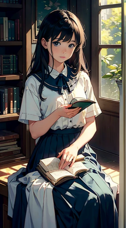 (Watercolor in Sargent style)、(top-quality、masterpiece)、超A high resolution、high-detail、(David Hamilton Style)、(softfocus)、Cinema Angle、ciinematic light、Soft light、(British traditional public school)、1girl in、、A stunning、Short black hair、Bunching hair、Crisp face、(detailed face depiction)、Detailed eyes、small tits、tiny chest、校服、(long skirt)、Holding a book,at the library、Perfect hands、beautiful setting、serene ambiance、Calm expression、Quiet moments、Vintage atmosphere、Immerse yourself in reading、bookworm、Thoughtful gaze、Classic elegance、A quiet retreat、Fascinating beauty、Sophisticated clothing、Majestic bookcase、Traditional atmosphere、Lush green environment、