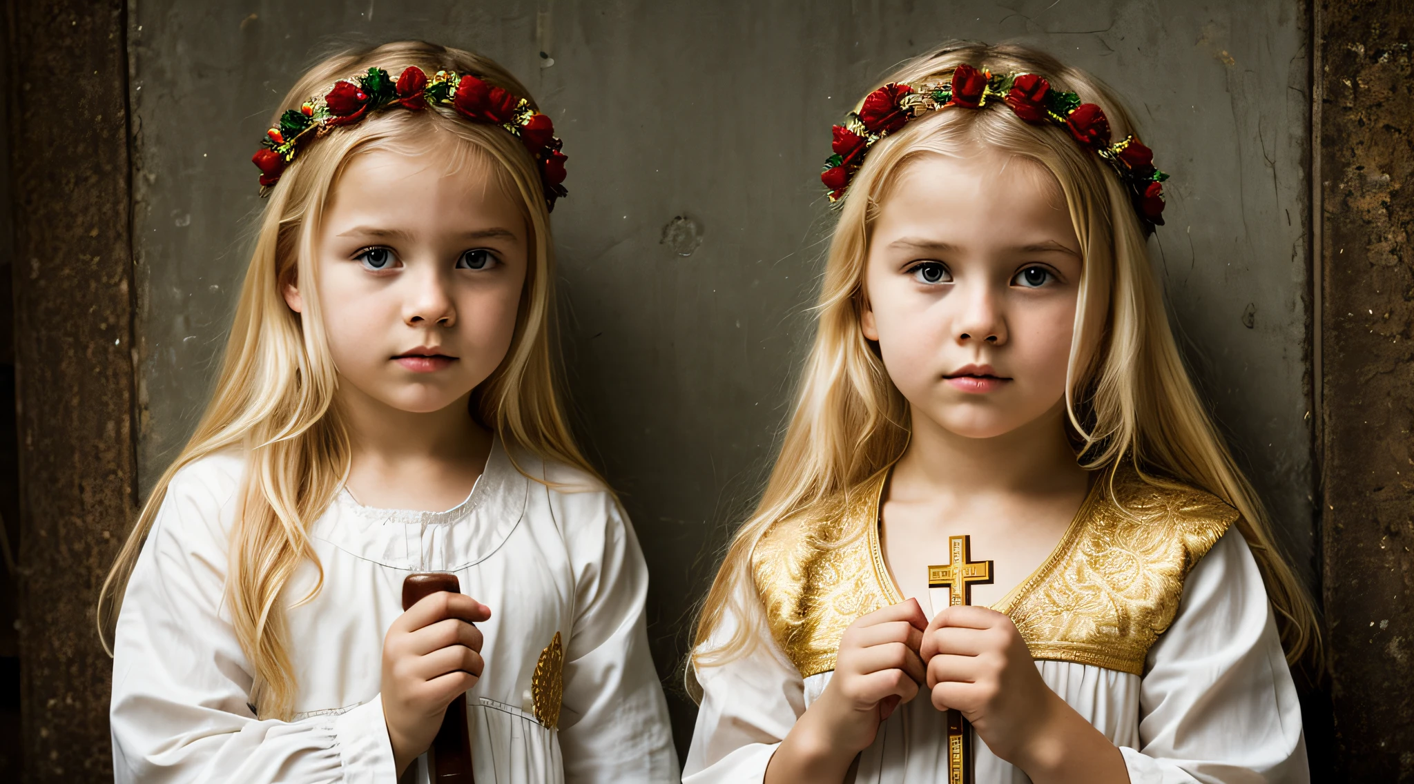 imagem de uma Russian blonde girl , sentados em um trono, With a cross in his hand, CROSSES IN tHE WALL. , Fire And Damnation