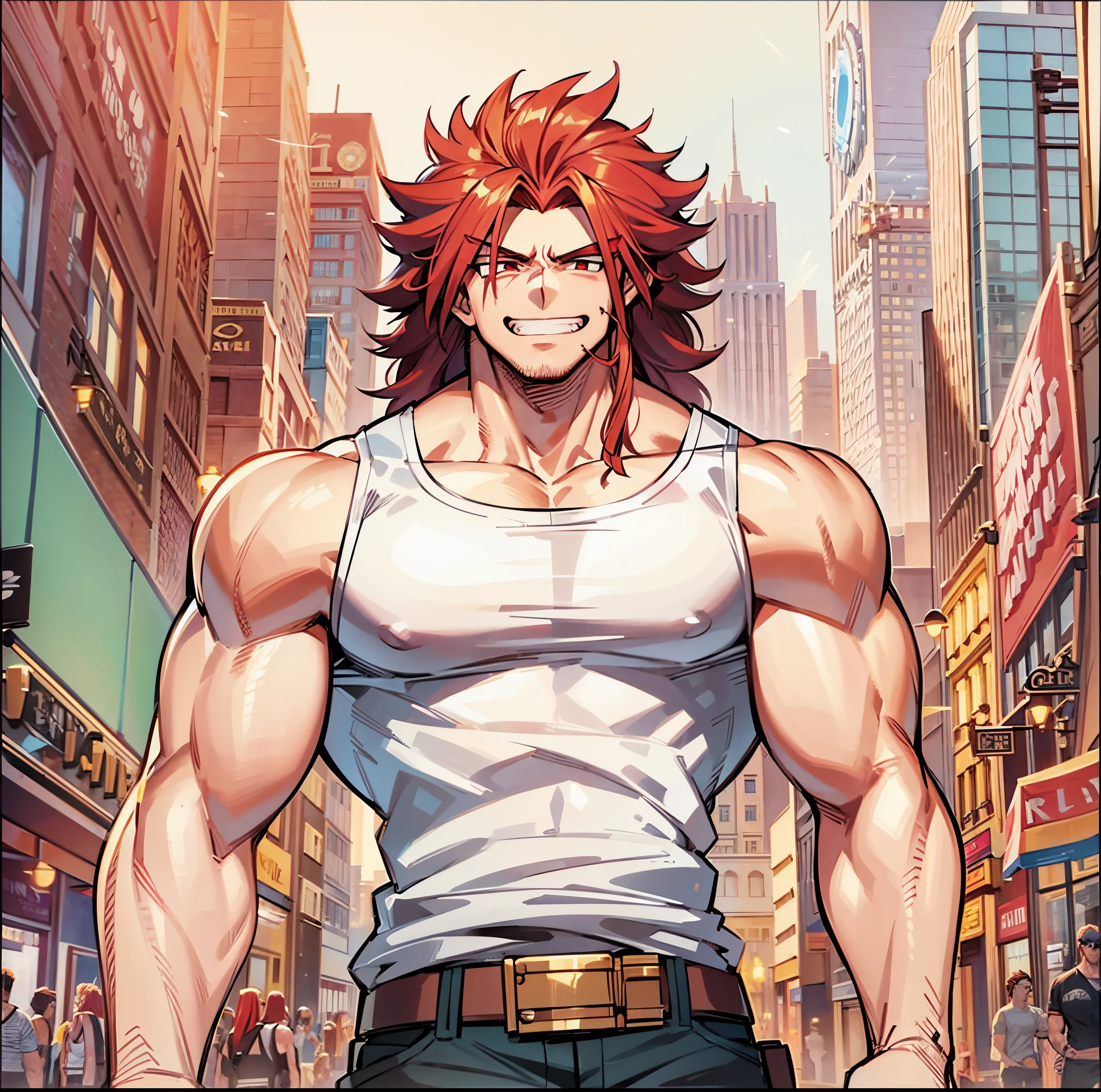 pale masculine man, muscular burly build, long frizzy red hair, well-drawn red eyes, subtle grin, tank top, brown boots, highres, detailed cityscape background, my hero Academia art style,