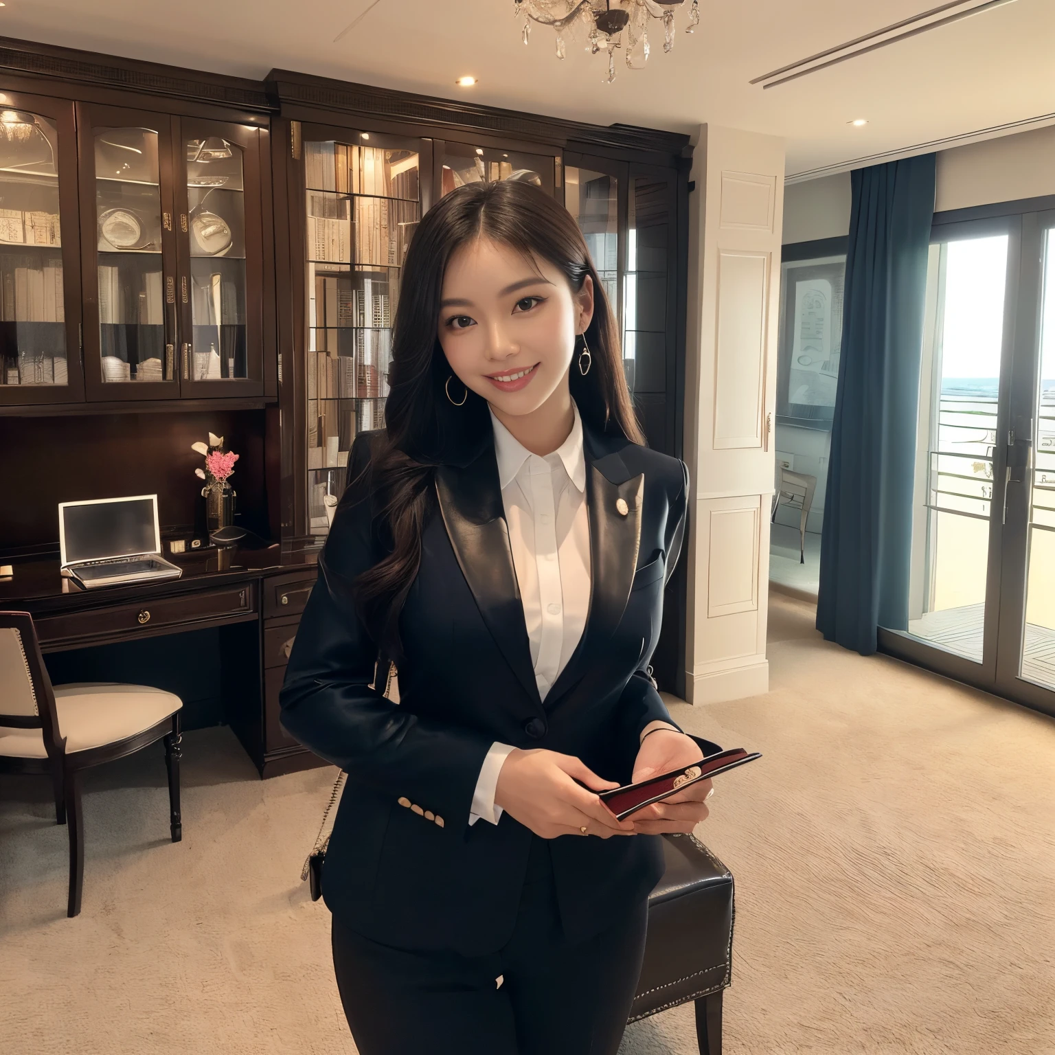 ((top-quality、masutepiece、8K、Top image quality))、(1 connected photo:1.5)、(Shooting with a focus on people:1.5)、((1 female secretary、I mainly draw one woman、a woman is standing nearby、She&#39;I&#39;m in the VIP room、Taken near her、Shooting with her as the main character、Secretary with elegant posture、Shooting close to a woman、Photo from the waist of a woman、Woman&#39;Upper body photo、Photo from the waist of a woman、cowboy  shot))、(Chignon、Navy Suit Jacket、Formal blouse、navy formal pants)、(Huge sunset、Fantastic sunset、beautiful and spectacular sunset、Romantic sunset)、(In her background is an elegant and luxurious desk、Glass showcase on her background、One luxurious leather chair on her background、elegant glass windows、Window with elegant decoration on her background、One large bookshelf in her background、top grade、moderno、Elegant and luxurious atmosphere、The floor is a luxurious carpet、Luxury VIP Room)、perfect anatomia、Beautiful teeth、mournful smile、A detailed face