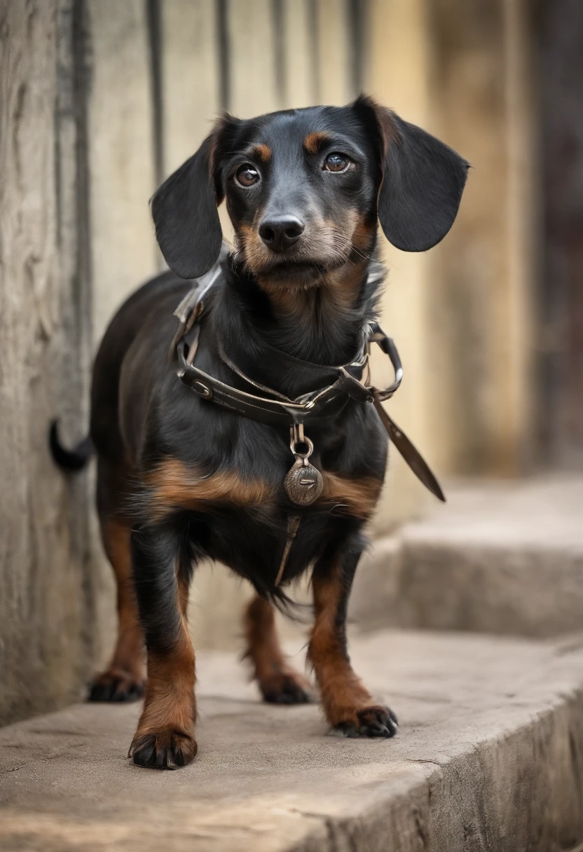 Polly ( terrier  dachshund mix with black 2cm long hair with a little brown hairs, 12 years old) of the highest quality, Dramatische Beleuchtung, bedrohliche Pose, grimmiger Blick, Epic atmosphere, (((Helm in Form eines dackel terrier kopfes))), (((full-body shot))),Metal dachshund terrier mix with black and brown hair, Cyborgs, Cyberpunk-Stil, Uhrwerk, ((Komplizierte Details)), NFFSW, ((Komplizierte Details, HyperDetails)), lightbulbs, Filmische Aufnahme, Vignette, Bokeh-Effekt Beckground, (Hunde), (full-body shot).