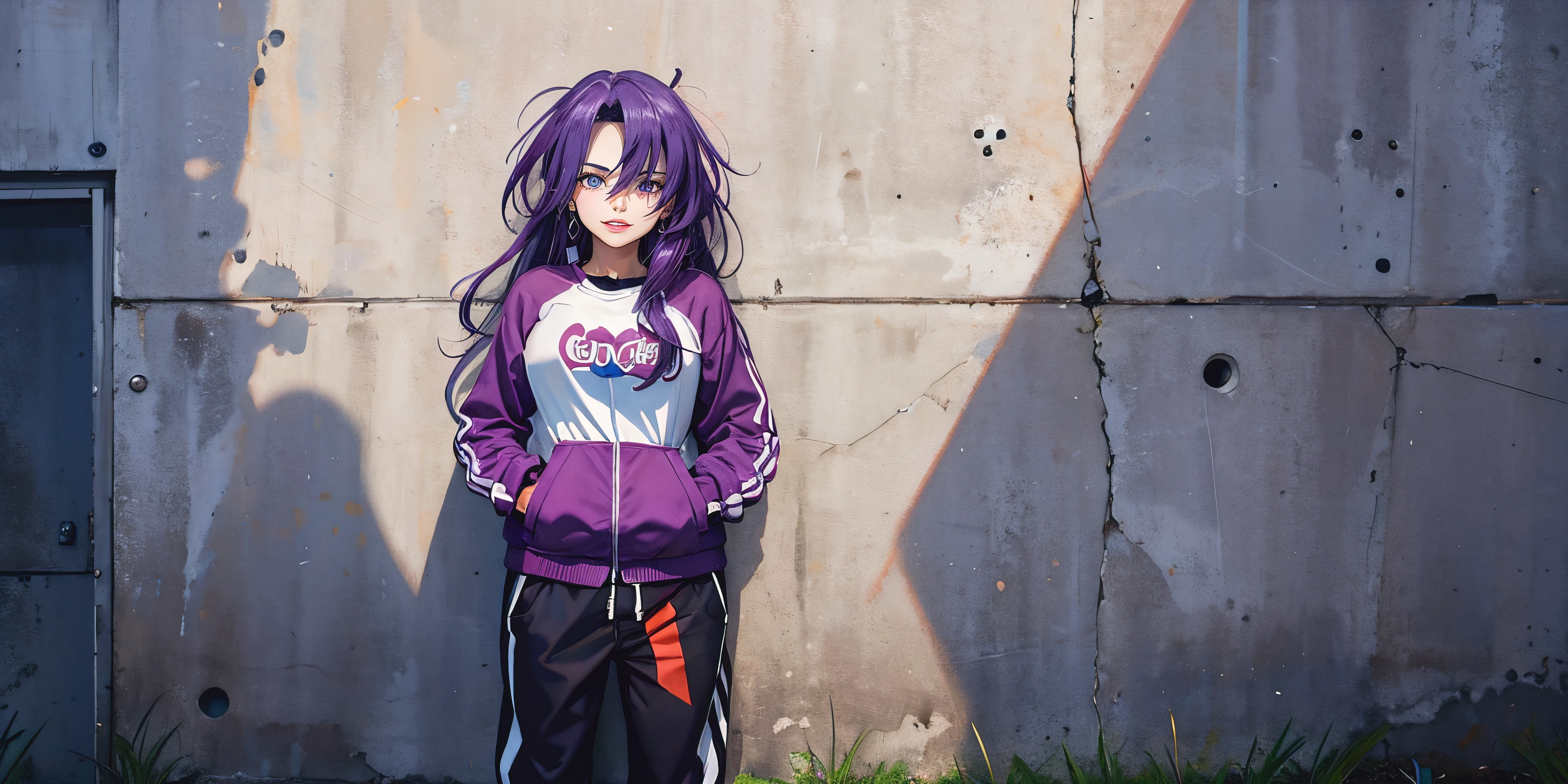 anatomically correct, best quality, masterpiece, high quality, high details, highres, HD, (shaded face:1.2), hollow eyes, purple eyes, looking at viewer, smirk, upper teeth, lips, purple hair, long hair, huge breasts, jacket, jogger pants, hands on pocket, crack wall, epic art,