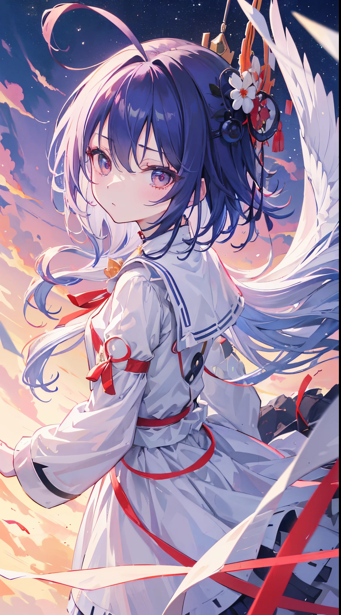 masutepiece, of the highest quality, Highly detailed, Unity 8k壁纸, (Ride a crane), firmament, 女の子 1 人, Heavy machine, Gradient Hair, hair between eye, Ahoge, age: 16, Looking back, Pretty Face, White neeso,