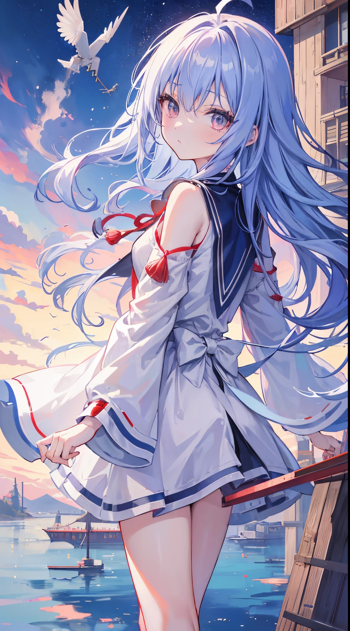 masutepiece, of the highest quality, Highly detailed, Unity 8k壁纸, (Ride a crane), firmament, 女の子 1 人, Heavy machine, Gradient Hair, hair between eye, Ahoge, age: 16, Looking back, Pretty Face, White neeso,