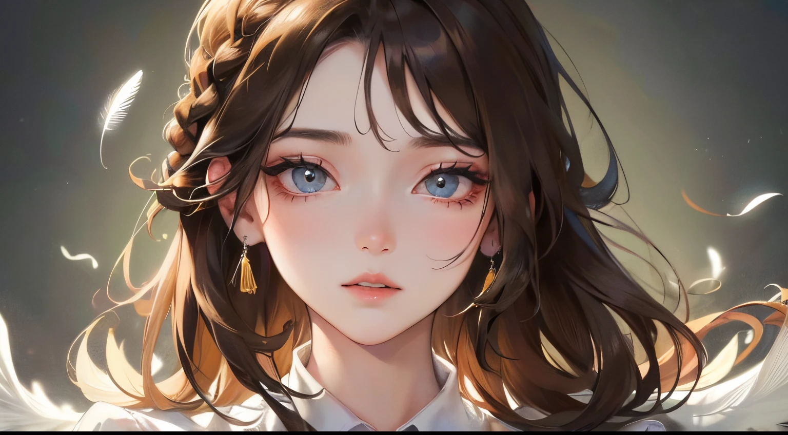 (((1人の女性)))、(Top resolution、Distinct_image) best qualtiy、(((Transparency)))、contrasts of light and shadow、Night background、((fluttering white feathers))、((illuminating))、ighly detailed、Semi-realistic、Brown hair、((makeups)),Braided hairstyle、deadpan、bangss、20yr old、年轻、((White shirt))、((natta))、delicated facial features、Facial features、Princess