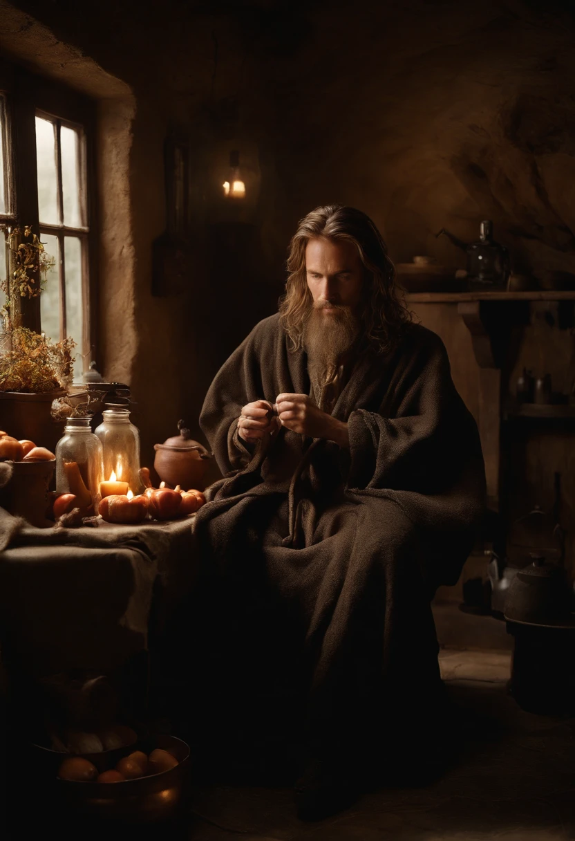A photo of Remus sitting in a cozy corner of the Shrieking Shack, surrounded by ingredients and a cauldron, brewing a potion with focused determination.,Harry Potter and the Prisoner of Azkaban,Remus has light brown hair, wears shabby robes, and has a claw scar across his face. Famously portrayed by David Thewlis