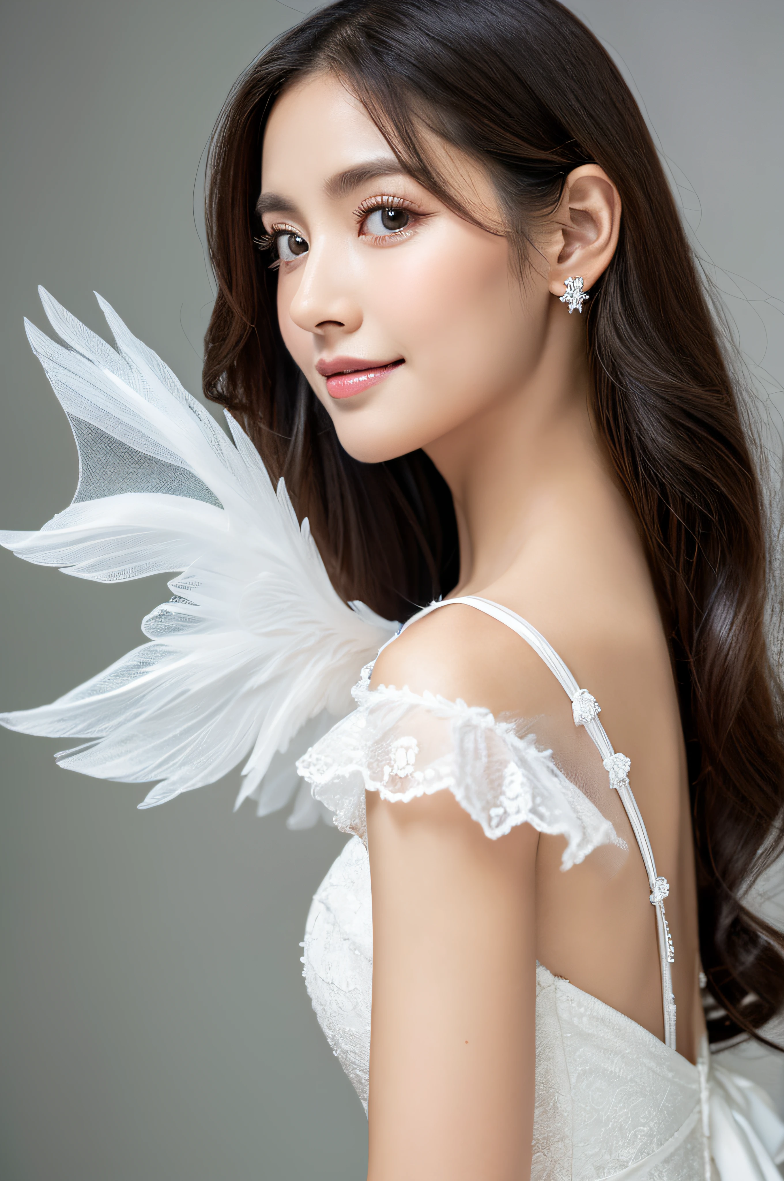 Flying Angel、Whole body、8K、realphoto、超A high resolution, Master Parts, Best Quality, nffsw , cinematic images,Lovely girl、ann、16years old、Anglo-Saxon、Green eyes、二重まぶた、very droopy eyes、(very, Very big eyes:1.8)、Dark eye shadow、The lips are very thin、The tip of the nose stretches beautifully..、the tip of the nose is small,,,,, ighly detailed , Gold Hair、Straight hair、Very smile、 Sweet look 、a very beautiful woman、legs are long、 Very clear shadows , jewely , A detailed eye, very intricate, shiny skins , Perfect Brilliant, Perfect Lighting, Dramatic shadows ,White tiara on head、Greek see-through white dress、The back of the dress is wide open、Small angel wings on the back of the shoulders、The chest and waist of the dress are white lace、Underneath the dress is a white miniskirt、Lace white gloves、holding a bouquet of white flowers with both hands、White see-through veil from the back of the head、Silver necklace around the neck、