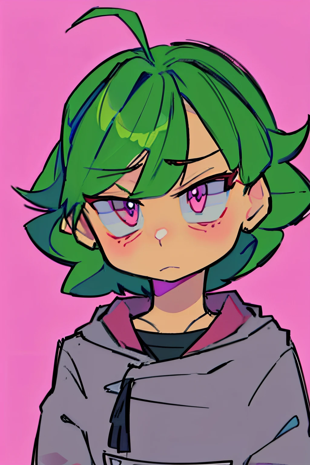 anime female short green hair and pink eyes looking right very upset angry no background