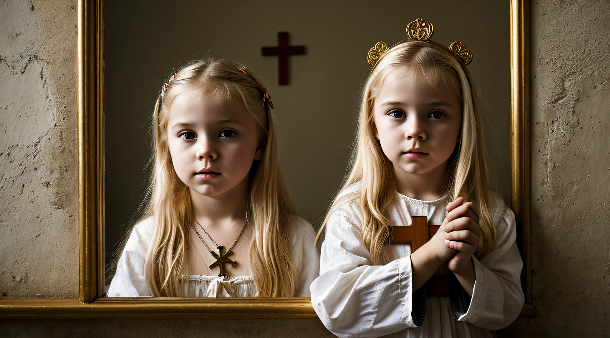 imagem de uma Russian blonde girl , sentados em um trono, With a cross in his hand, CROSSES IN tHE WALL. , Fire And Damnation