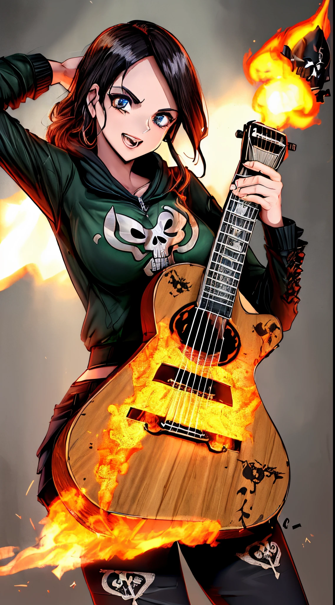 (best quality, caveira: 1.2), (ultra-detalhado,textura:1.37), skull detailed with lightning and engulfed in flames, chuva com pedras de gelo ao fundo, acoustic guitar, estrelas, skull