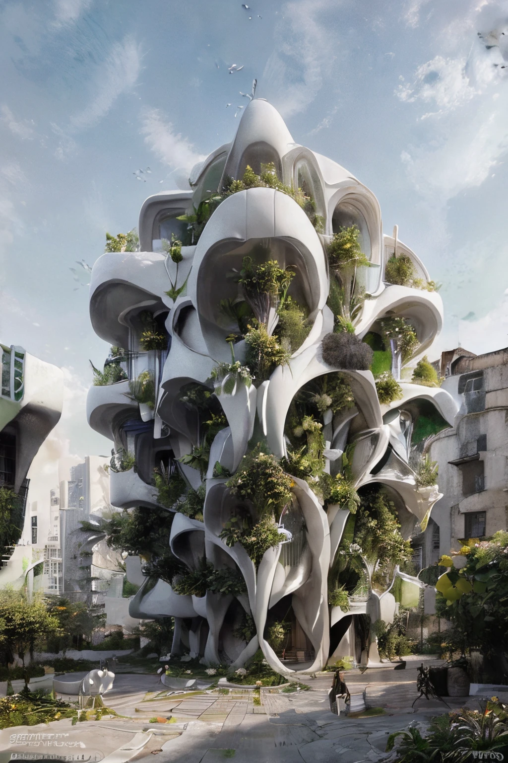 a close up of a building with a bunch of plants on top of it, architecture render, minimal structure, modular, architectural concept, vegetal architecture, arborescent architecture, complex 3d render, complex 3 d render, metamorphosis complex 3d render, all white render, spatial structure, conceptual, complex design, white wall complex, parametric structure