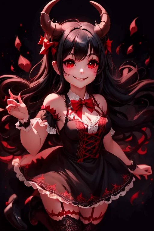 a (horned demon girl) smiling, wearing a lace cloth dress, black hair, red smokey eyes makeup, (hair bow), stockings, pumps, dramatic magic floating pose, (full body), sfw