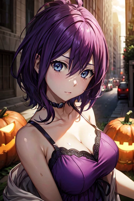 masutepiece, Best Quality, Game CG, 1girl in, Solo, Looking at Viewer, Upper body, depth of fields, Anji_asa, Purple hair, Blue eyes, jack o lantern costume, city of glass, 32K resolution