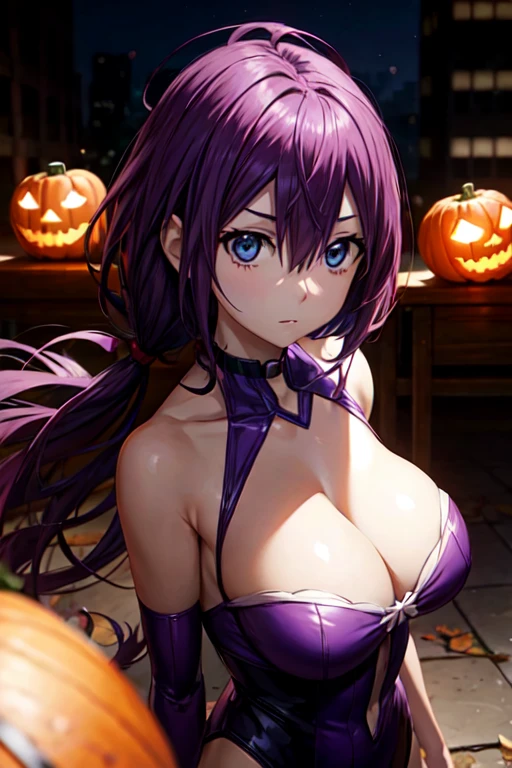 masutepiece, Best Quality, Game CG, 1girl in, Solo, Looking at Viewer, Upper body, depth of fields, Anji_asa, Purple hair, Blue eyes, jack o lantern costume, city of glass, 32K resolution