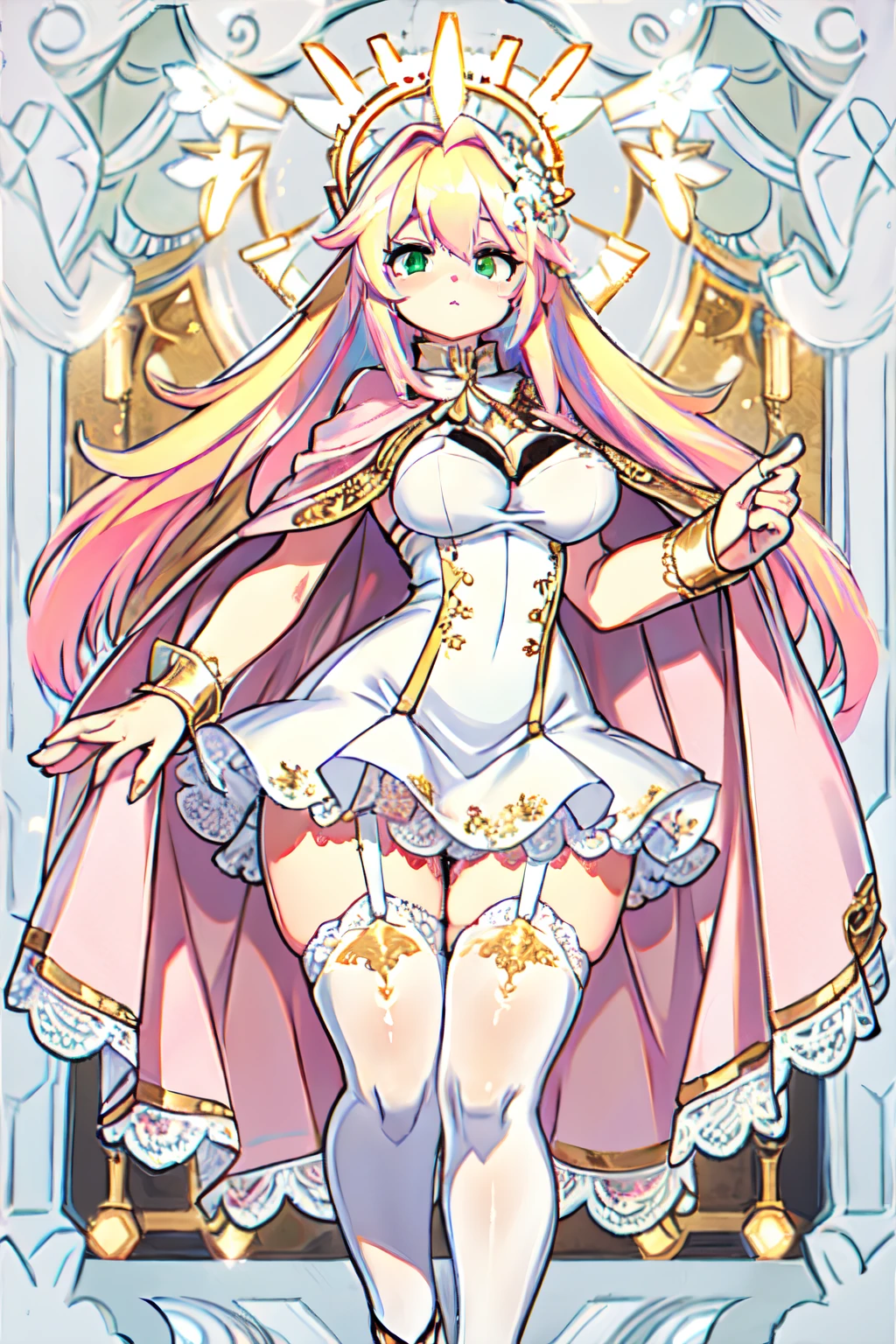 Angel girl, detailed face, expressive eyes, (blonde hair:1.3), (pink highlights:1.4), very long hair, (halo),
BREAK,
petite body:1.3, (big breast), green eyes,
BREAK,
(White lace dress, golden embroidery), (ethereal lace cape), serenely divine, (White floral lace stockings), intricate lace suspender belt, romantic, tempting, Stiletto heels in shiny gold metallic finish, radiating luxury and high-class elegance