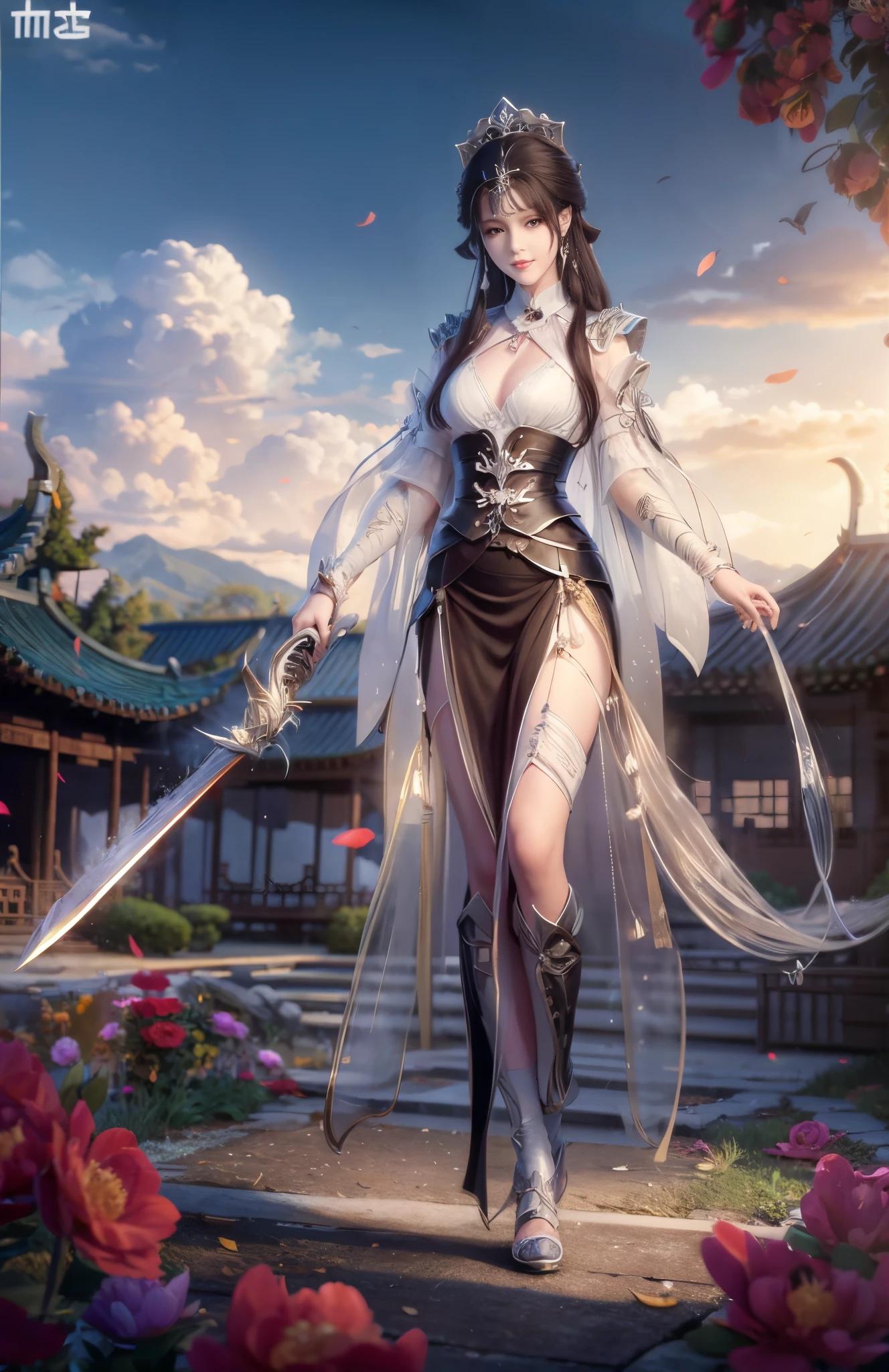 （Huang Li，A high resolution，ultra - detailed），tmasterpiece，Best quality at best，A girl holding a sword，独奏，Big breasts are beautiful，Short hair details，dark brown  hair，Ear piercing，with brown eye，Delicate eyes and delicate face，（（Chinese-style clothes）），knife design，Complex sword，like a dream，evilsmile，Dramatic skies，Isolated land，looking-down，spark of light，swirls of magic，a heavenly being，Full of elements