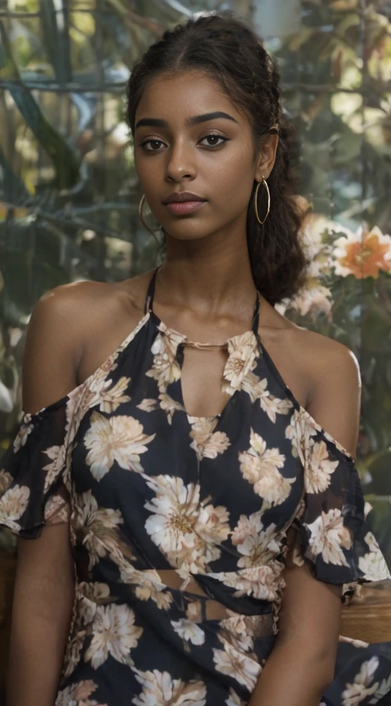 Mujer Araffe con un vestido floral sentada en un banco, Elegantes estampados tropicales, maria borges, moreno, Detalles florales, con piel morena, Retrato de belleza bronceada, piel oscura, Modelo editorial, piel morena, belleza intrincada, motivos florales, Cerrar retrato, Joven negra, Imaan Hammam, Hermosa modelo joven, Hermosa modelo femenina