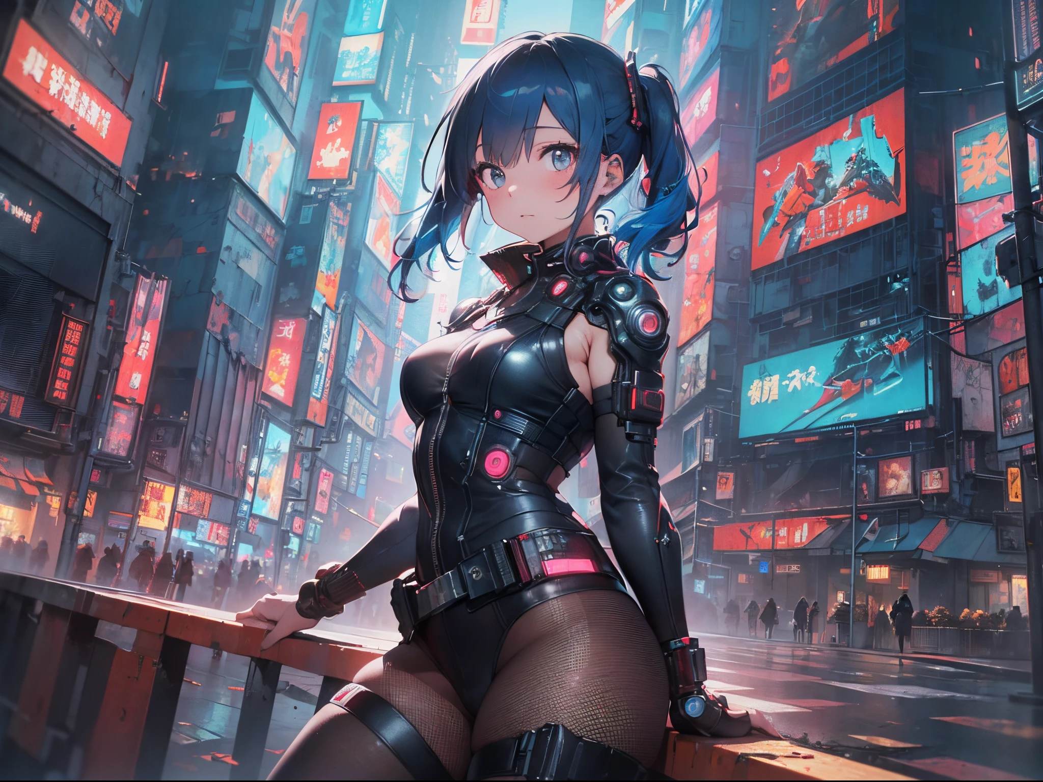 (Best Picture Quality, 4K, High Quality, Masterpiece:1.2), ((Masterpiece)), High Detail, High Quality, (HDR,16k, RAW Beautiful Girl Portrait, Best Picture Quality, Masterpiece:1.2), (Ultra-Definition Illustration),  (cyberpunk:1.4), city, extremely cute girl,  wearing sexy cyber gear, sleeveless, detaced sleeve, blue hair, pantyhose,