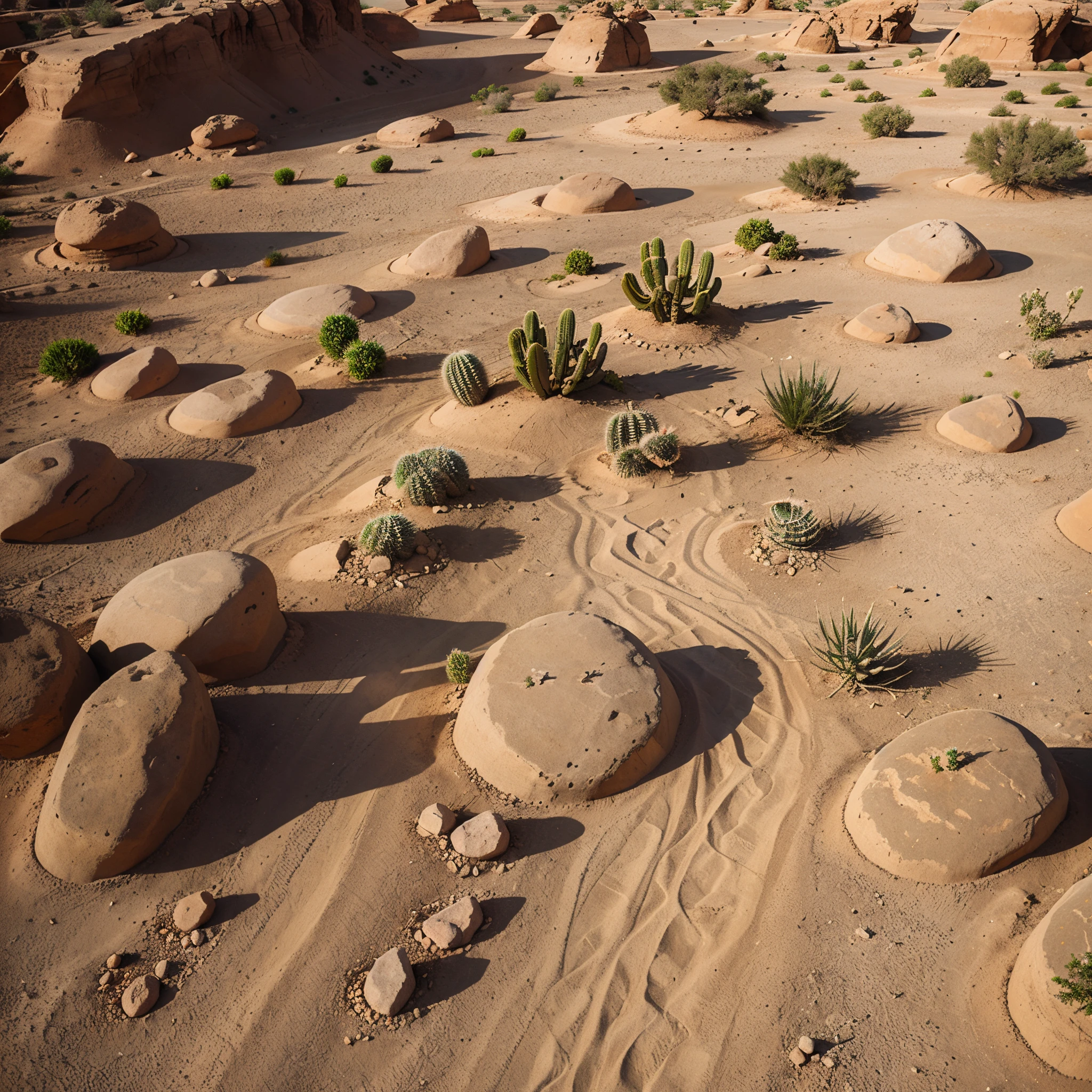 cartoon, top down view of a rocky desert with cacti and a dirt path