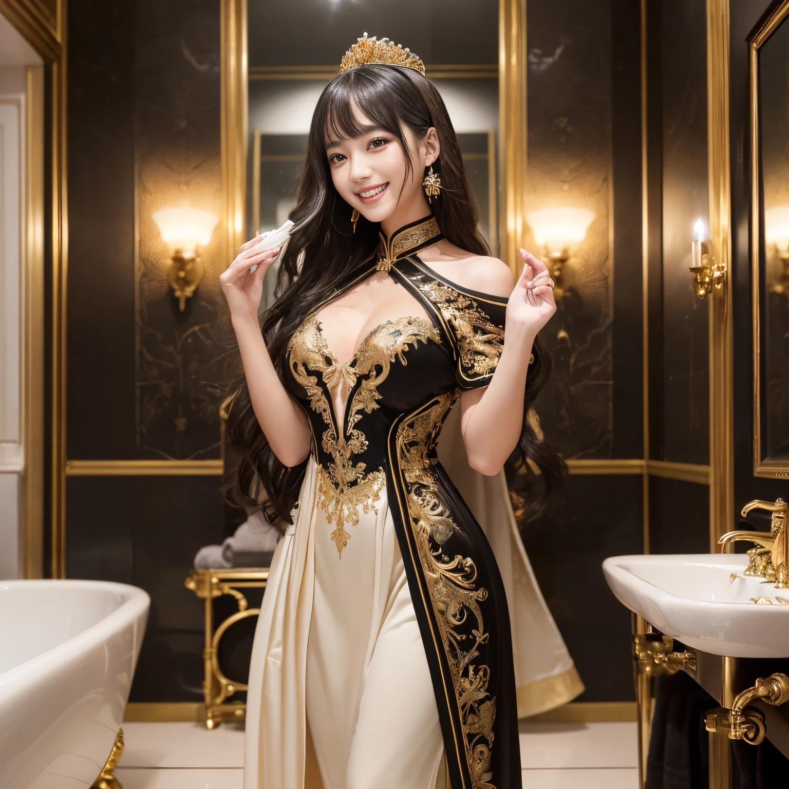 ((top-quality、masutepiece、8K、Top image quality、Very complex and detailed details))、(Shooting with the princess as the main character:1.5)、(Please take a photo of the princess&#39;The upper part of the body:1.5)、((chinese princess、1 Princess、the princess is standing in the bathroom、the most gorgeous chinese bathrobe、most luxurious bathroom、very luxurious bathroom、marbled、Gorgeous gothic interior in black and gold、Liberation、wide々and bathroom、wide々and space、A bathroom with a perfect glow、gorgeous bathroom interior、Gorgeous bathtub、gorgeous shower、Gorgeous Mirror、The most intricate and luxurious bathroom、Unimaginably luxurious bathroom、Very complex decoration、Highly detailed bathroom))、(View me、Look at viewers、perfect anatomia、Biggest smile、The happiest smile)
