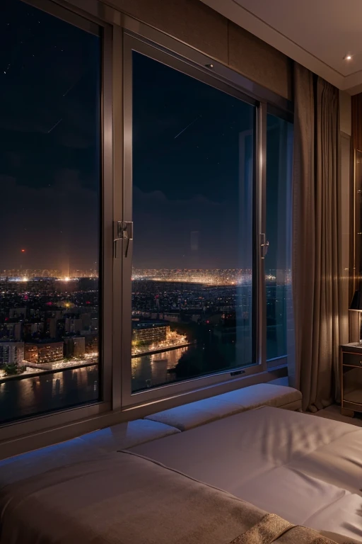 luxury bedroom night city view form a large window, 4k, high definition