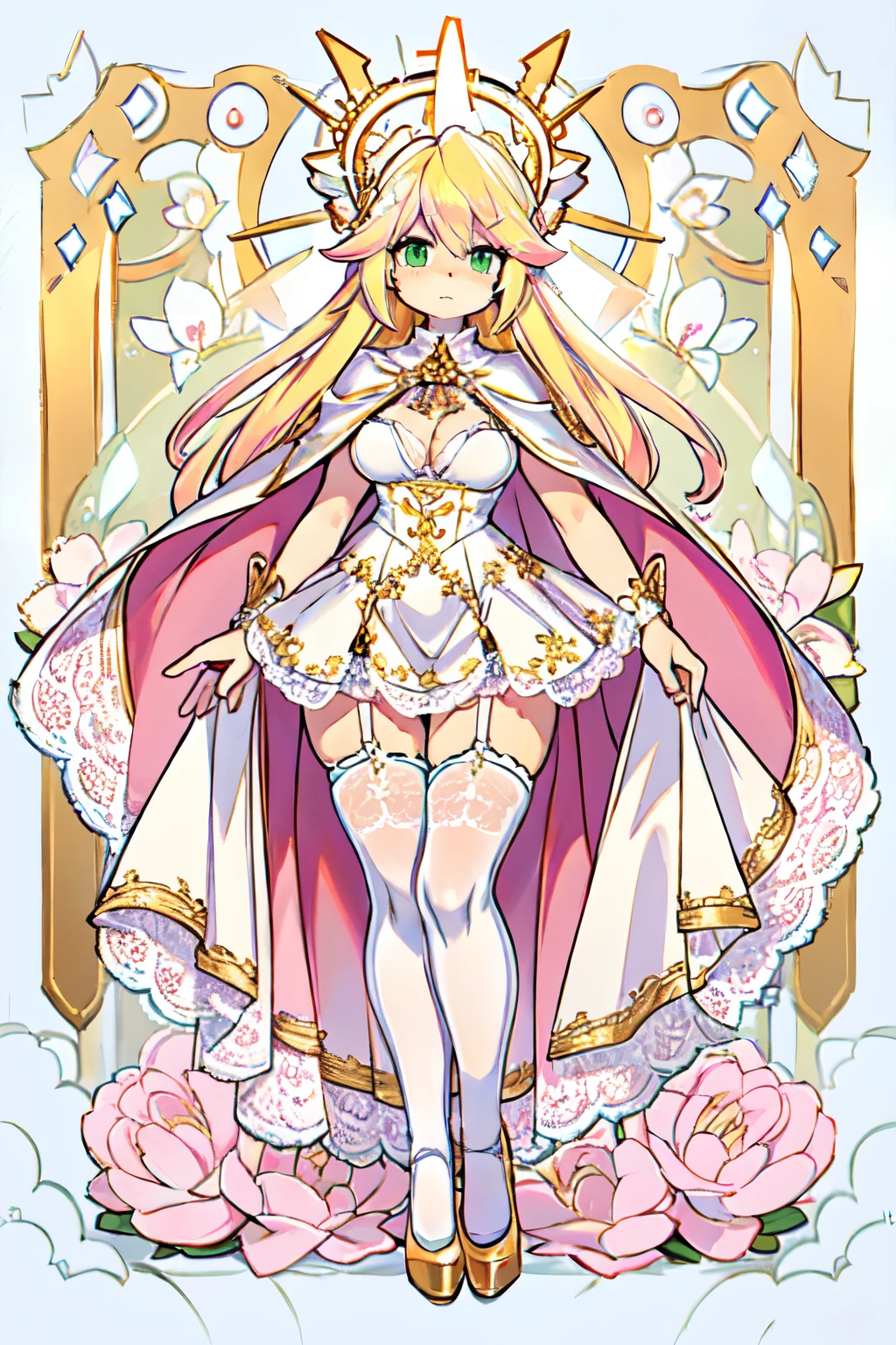 Angel girl, detailed face, expressive eyes, (blonde hair:1.3), (pink highlights:1.3), very long hair, (halo), 
BREAK, 
(petite body:1.3), (big breast), green eyes, 
BREAK,
White lace dress, golden embroidery, (ethereal lace cape), serenely divine, (White floral lace stockings), intricate lace suspender belt, tempting, Stiletto heels in shiny gold metallic finish, radiating luxury and high-class elegance