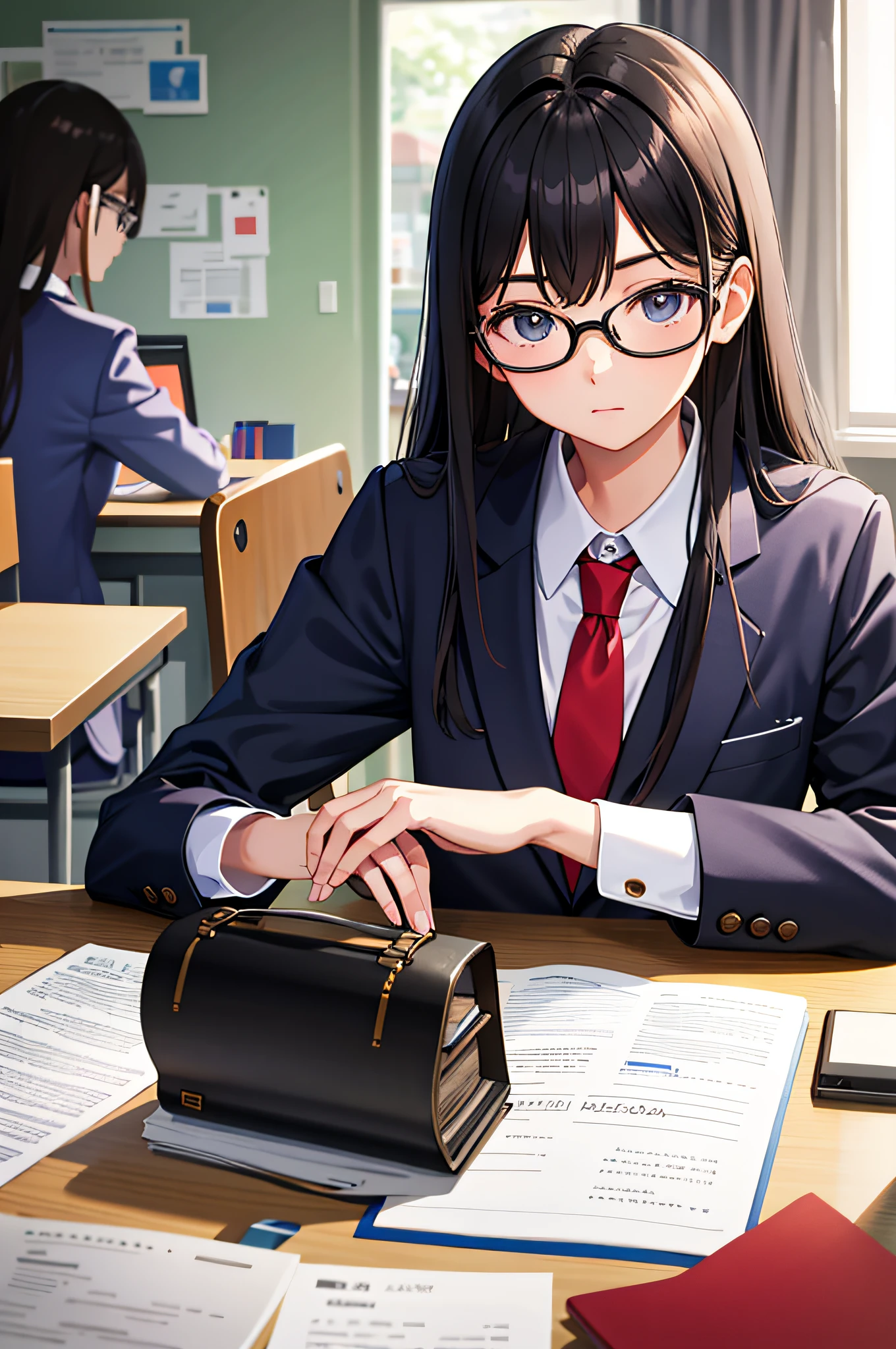 Head to your desk、study、Wearing glasses、teens girl、high-school uniform、A dark-haired