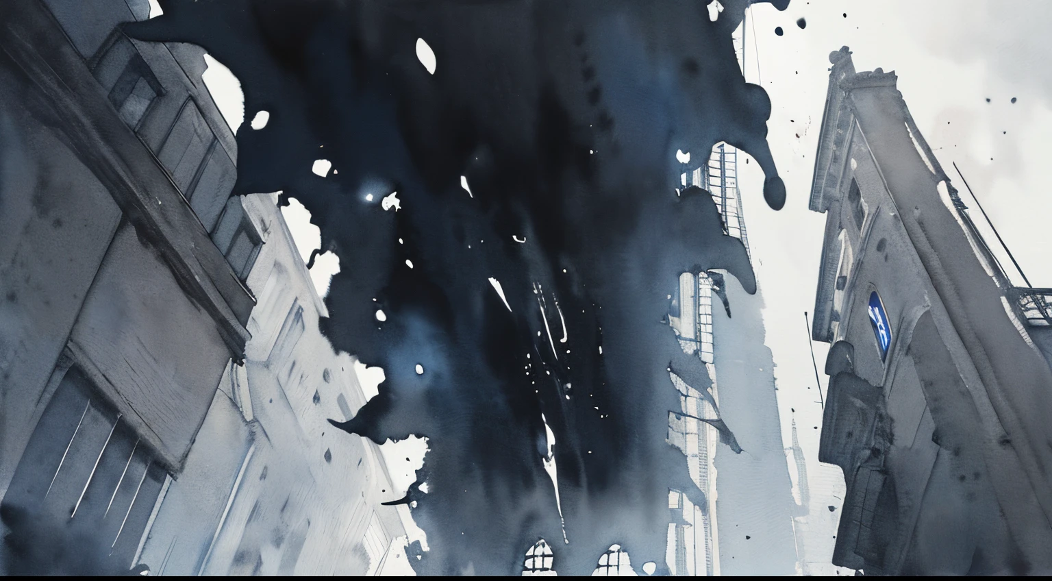 ((masutepiece)), (Professional Photography:1.2), (High Definition:1.3), Best Quality, (watercolor painting:1.3), from below, wide shot, (erotic atmosphere), copious mucus dripping, (simple black background:1.10), pale silver fine ink, landscape, (paris mainstreet)