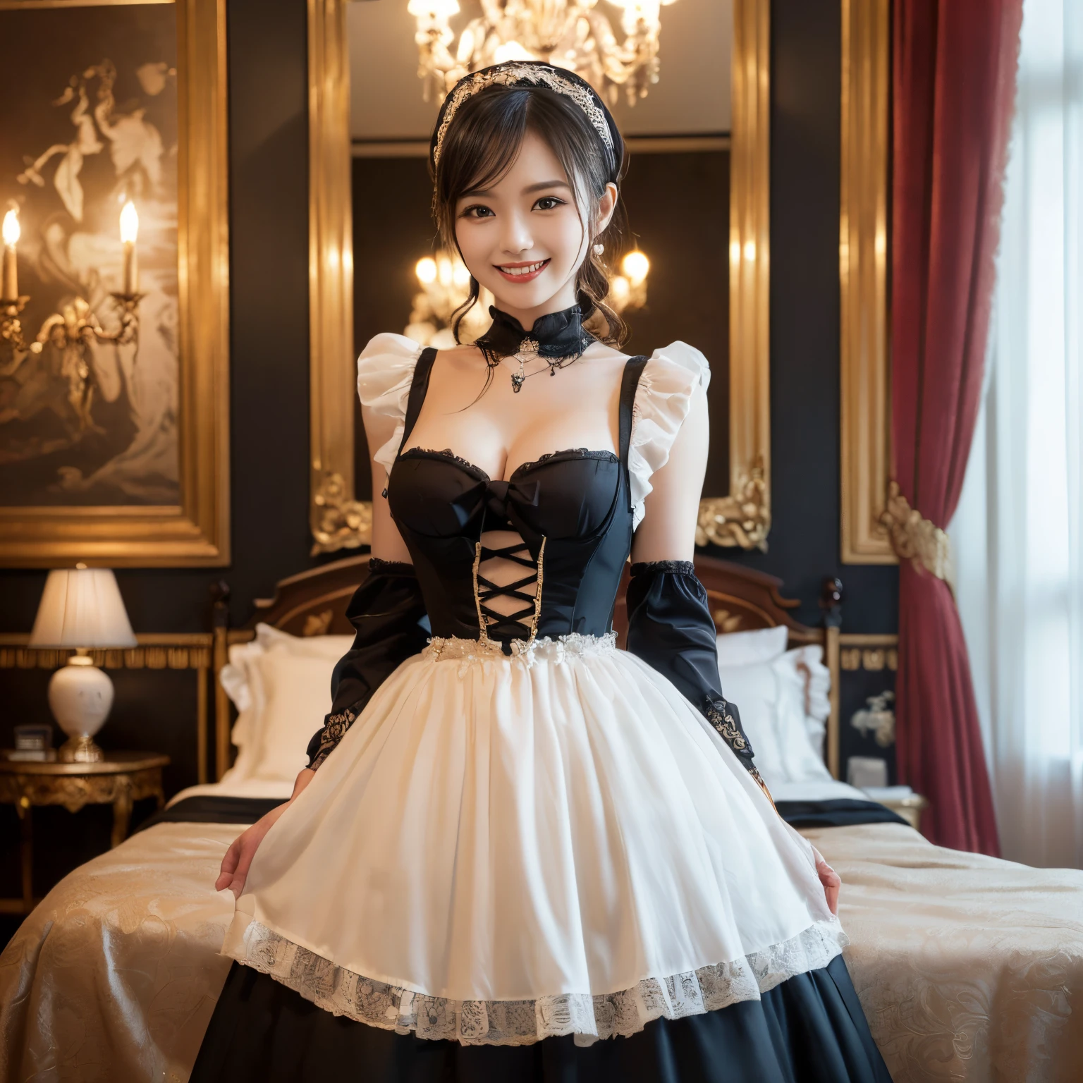 (((Best Quality, masutepiece, 超A high resolution、The most complex and detailed depictions、awardwinning, 8K、Bright and vivid)))、(1 Beautiful Maid、Half Japan and half Spanish in one、standing elegantly、A maid standing elegantly)、(Gorgeous Victorian Maid Dresses、Black and white maid outfit with luxurious long skirt、Huge black and white maid dress、Black and white maid dresses、Black and white maid dresses、with frills、Big apron and black and white maid outfit)、((The background is the luxurious Royal VIP Room.、black and gold gothic royal、luxurious giant bed、Complete interior of luxurious royal bedrooms、very gothic and gorgeous、gothic gorgeous royal、Luxury beyond imagination、Inside the Royal Palace、 Room decorated with many ornaments,、Gorgeous interior、Dazzling light、Gorgeous room、Very complex and detailed background、Highly complex and detailed textures))、(Look at me and smile、The happiest smile、Emphasize body lines、large full breasts)