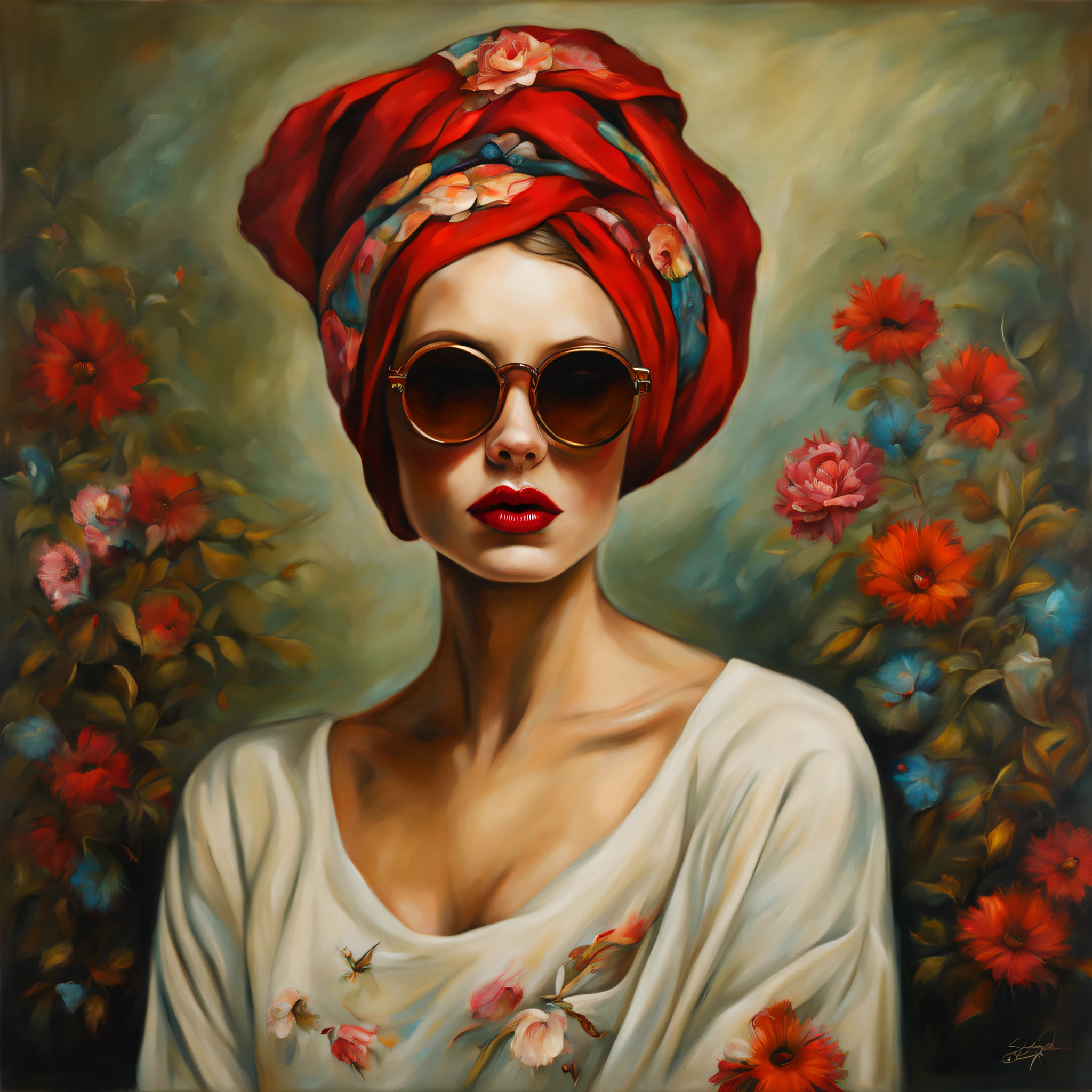 a beautiful model with sunglasses, red lipstick, flowery headscarf, pop culture style, painting style made by Esao Andrews, midjourney, 8k.